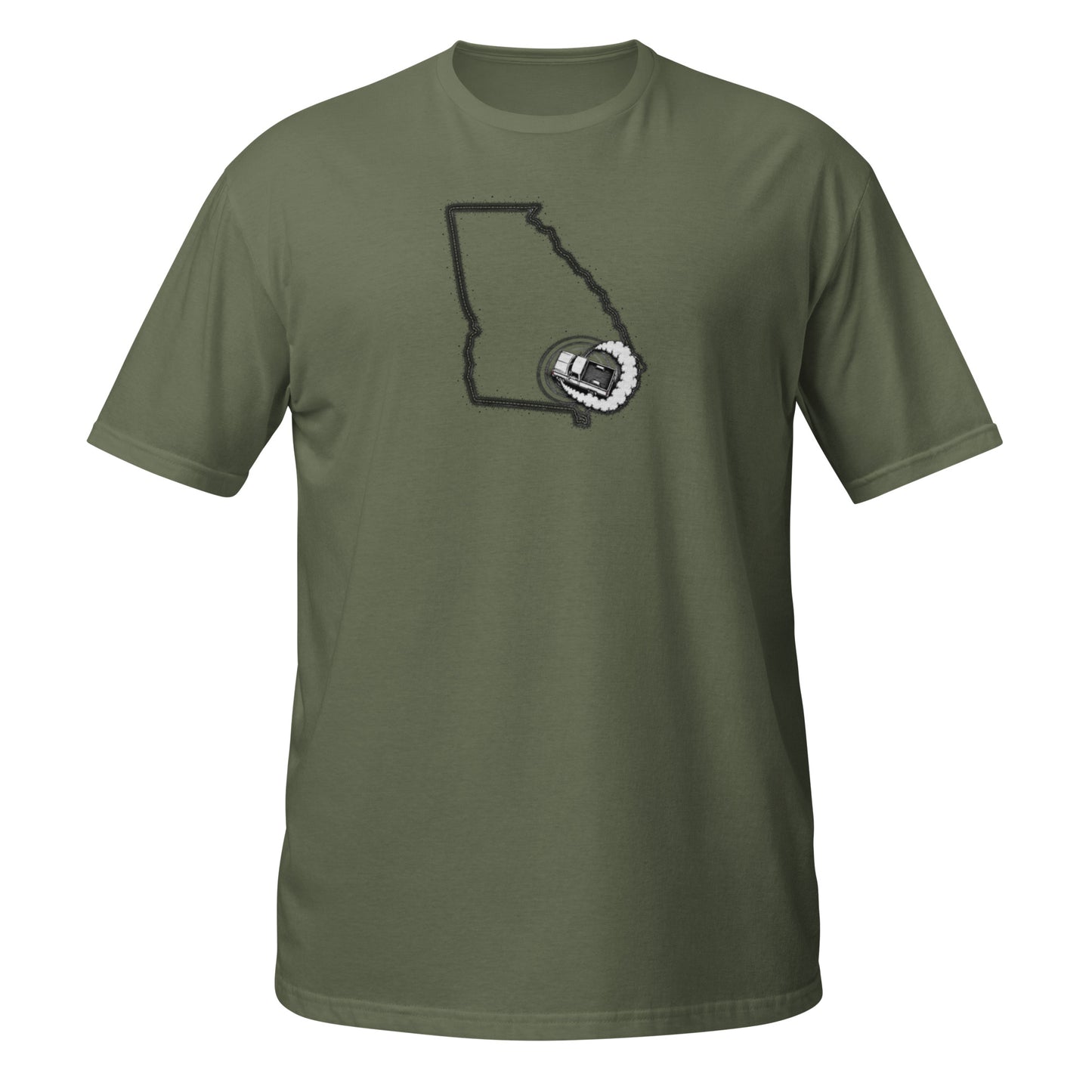 Georgia State of Burnout t-shirt — Chevy C10 burnout in the shape of Georgia — premium black tee — State of Burnout collection by Rod Shop Collective