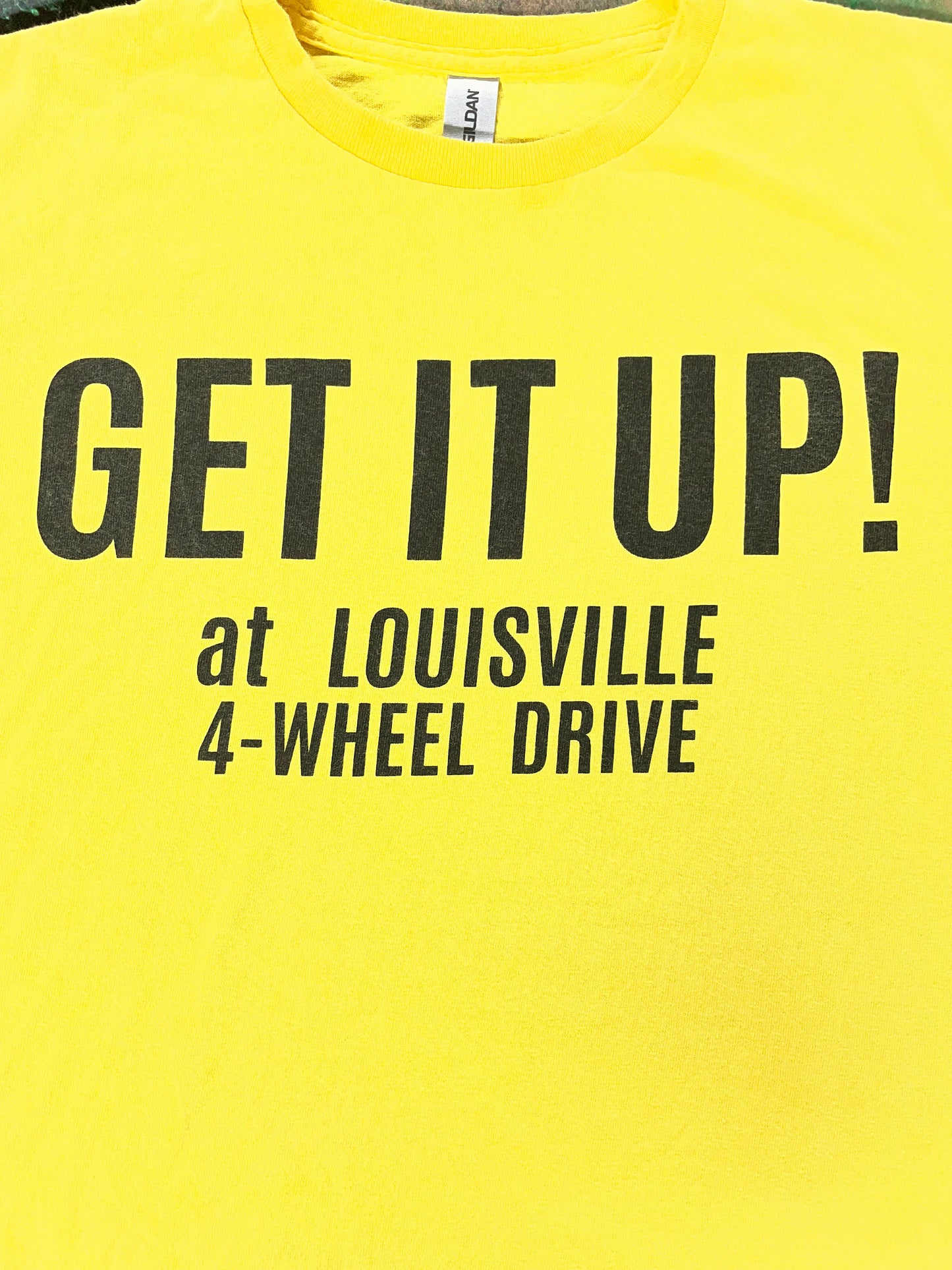 Get It Up At Louisville 4-Wheel Drive t-shirt — black screen printed tribute tee on yellow — Rod Shop Collective — Louisville, Kentucky
