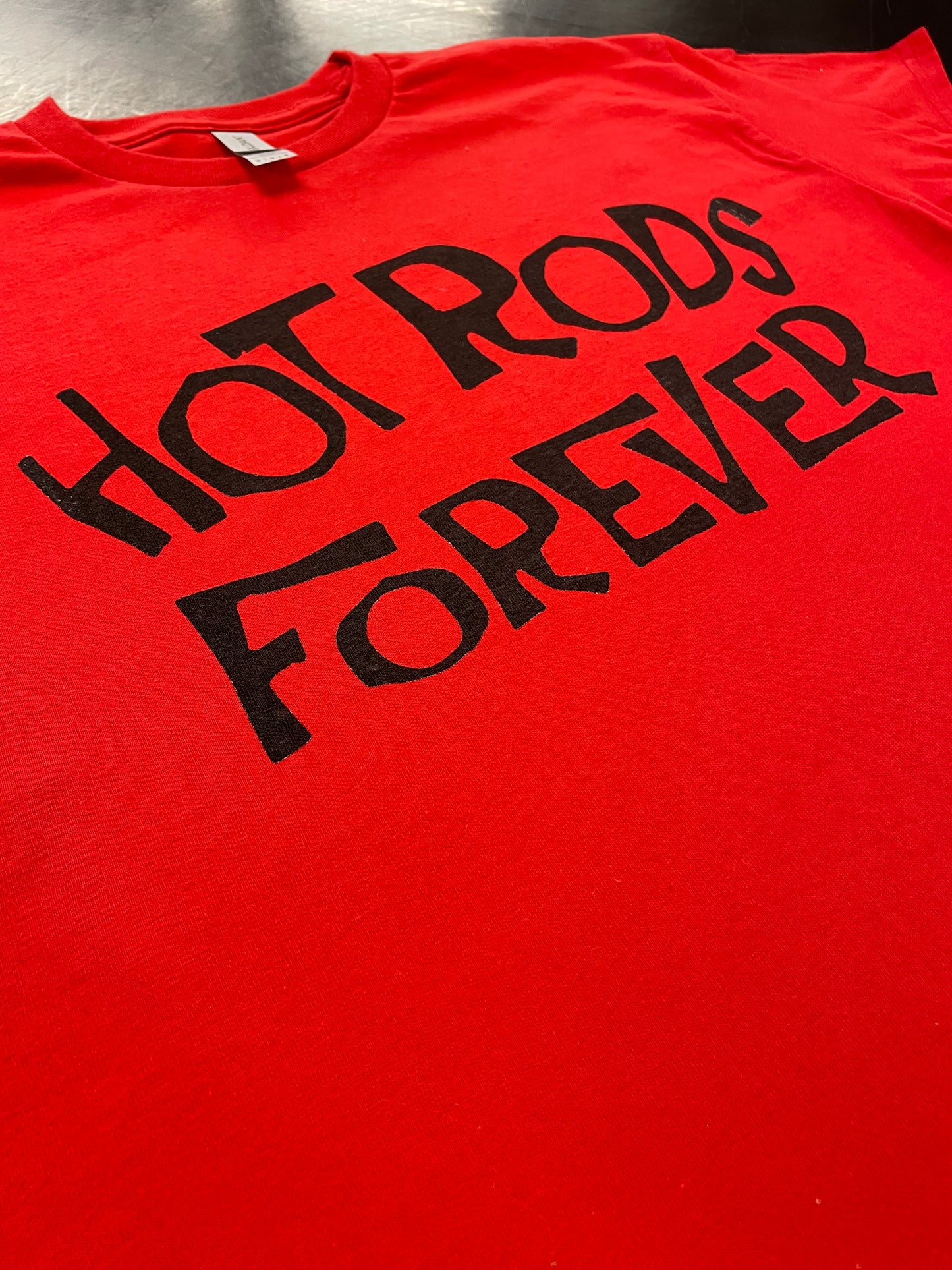 Hot Rods Forever t-shirt graphic detail, angled view of hand-lettered design — The OG Collection by Rod Shop Collective