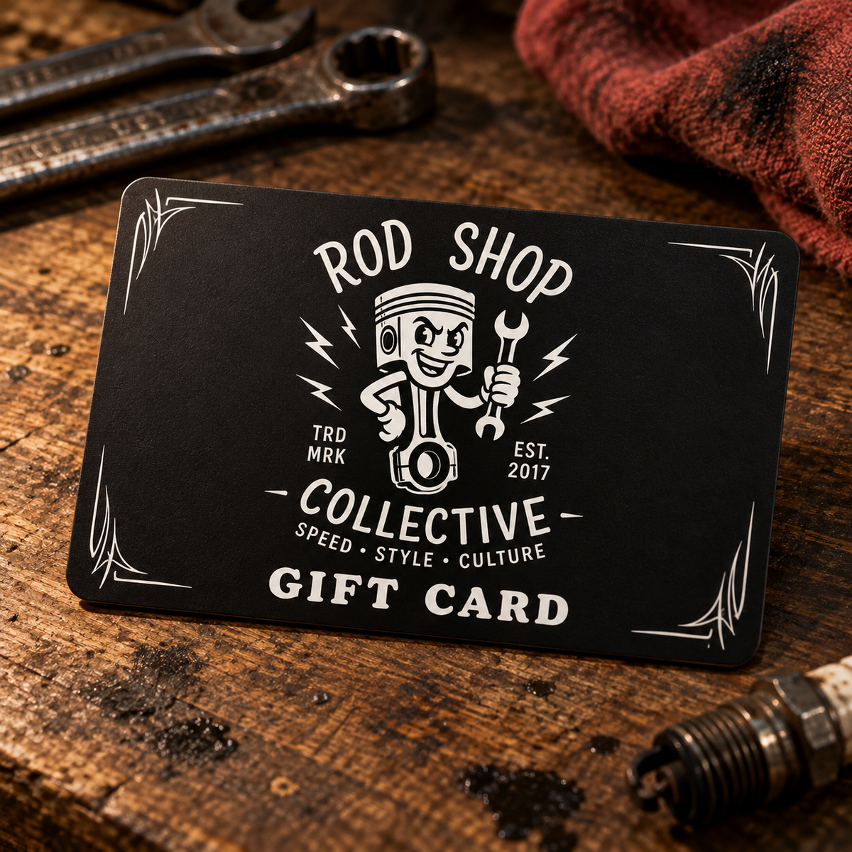 Rod Shop Collective digital gift card — delivered by email — good for hot rod and kustom kulture tees, garage banners, and handmade wall art — Rod Shop Collective — Louisville, Kentucky
