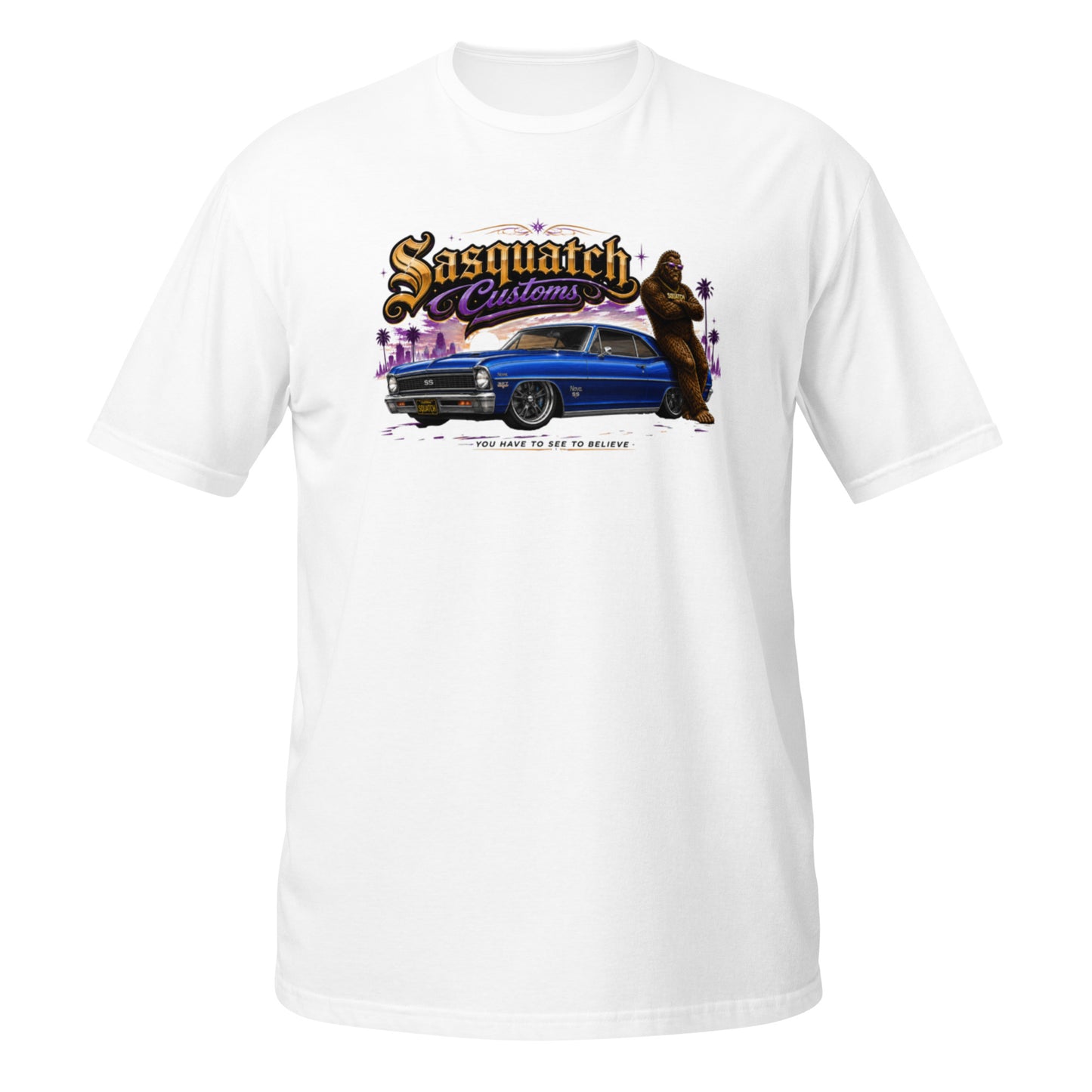 Sasquatch Customs Muscle Car Collection t-shirt — Bigfoot leaning on a marina blue 1967 Chevy Nova SS pro-touring build on Forgeline billet wheels in front of a city skyline with arms crossed — the car that started it all — funny Sasquatch muscle car tee on white — Rod Shop Collective