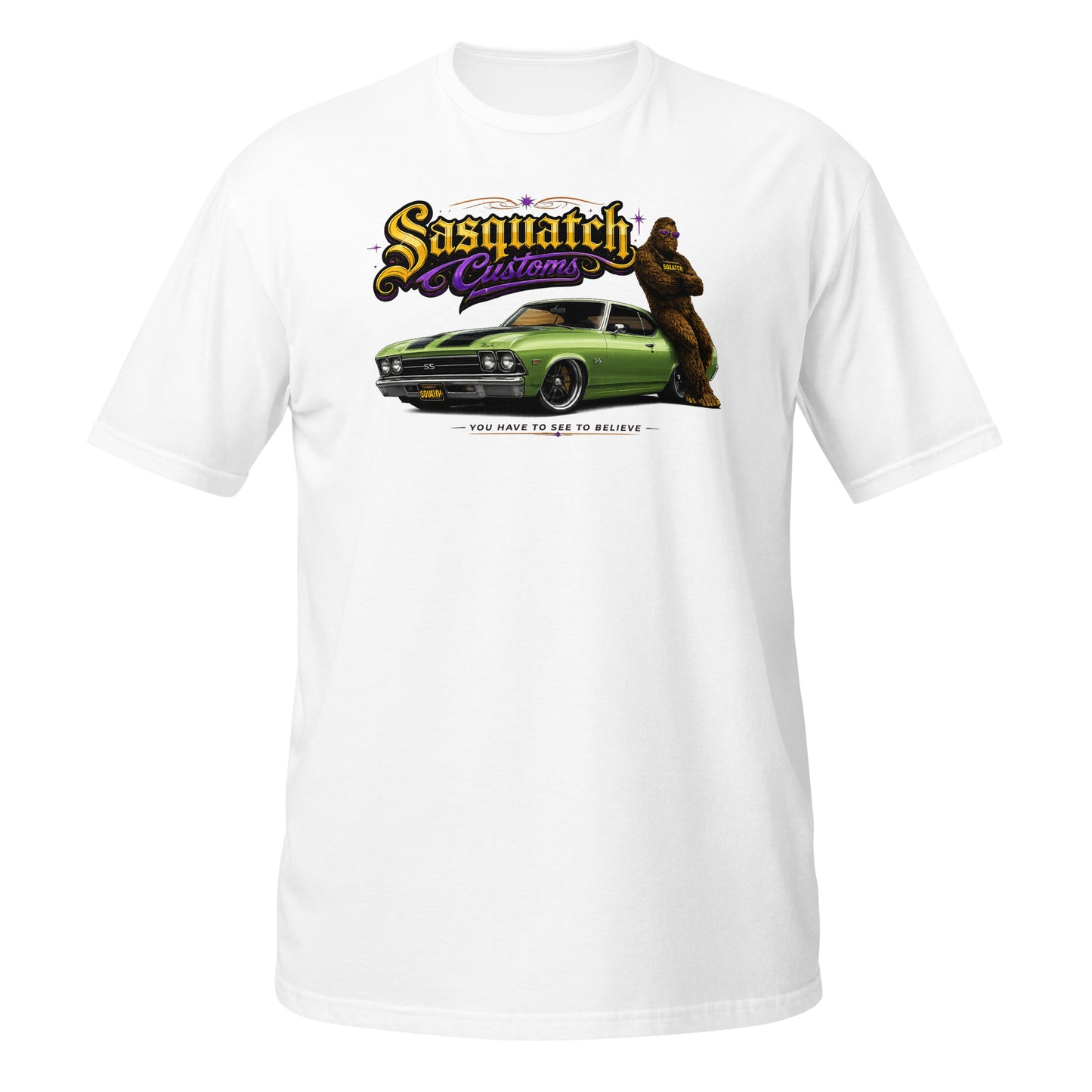 Sasquatch Customs Muscle Car Collection t-shirt — Bigfoot leaning on a green 1970 Chevelle SS pro-touring build with black SS stripes and arms crossed — funny Sasquatch muscle car tee on white — Rod Shop Collective