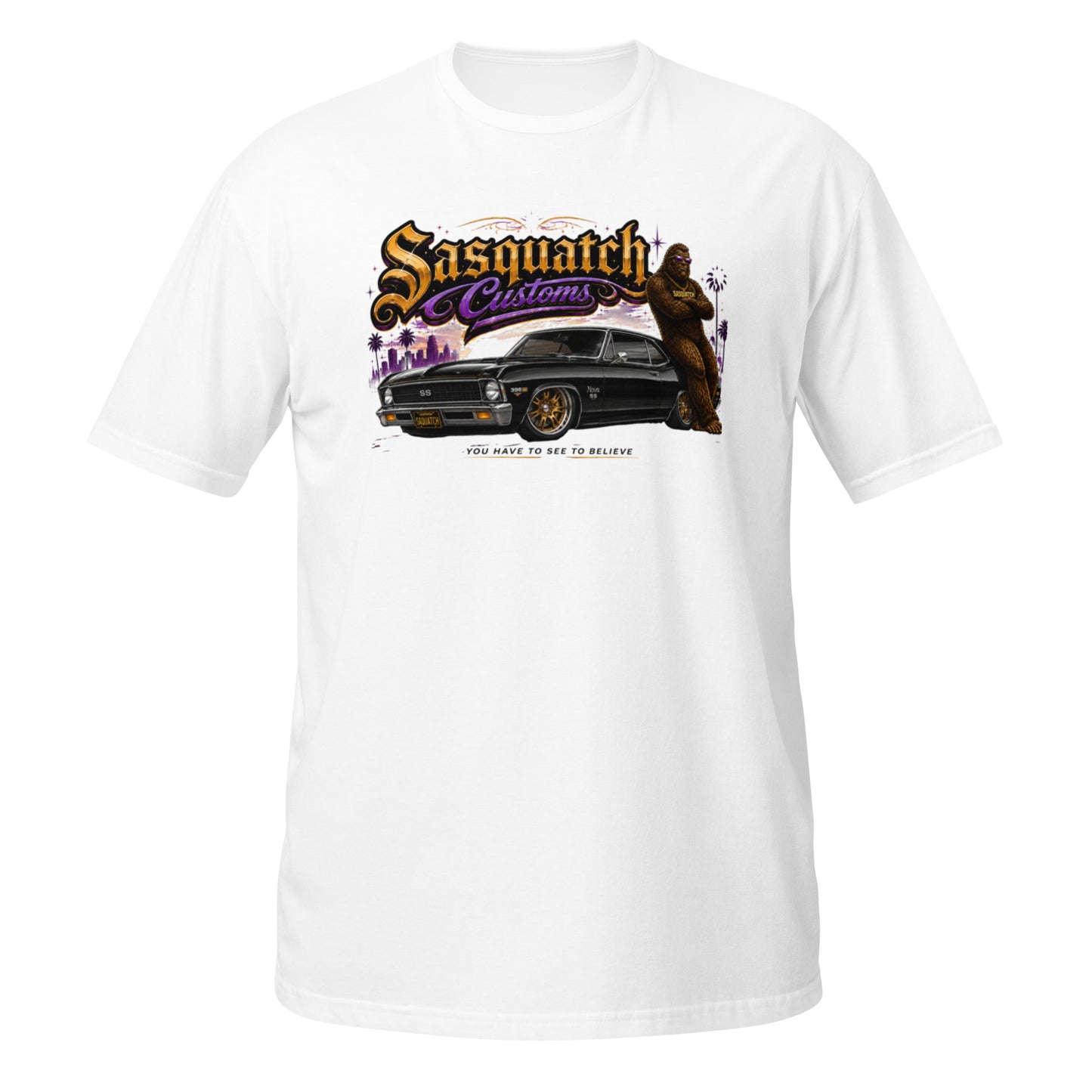 Sasquatch Customs Muscle Car Collection t-shirt — Bigfoot leaning on a black 1970 Chevy Nova pro-touring build on Forgeline billet wheels in front of a city skyline with arms crossed — funny Sasquatch muscle car tee on white — Rod Shop Collective
