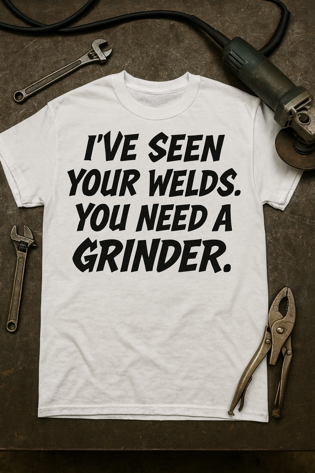 “I’ve Seen Your Welds. You Need A Grinder.” welding graphic t-shirt for garage and automotive apparel