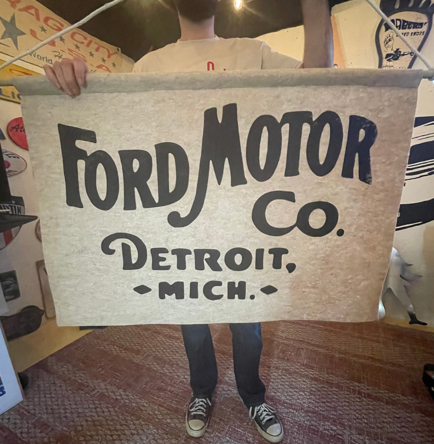 Ford-themed vintage felt banner for man cave and garage decor