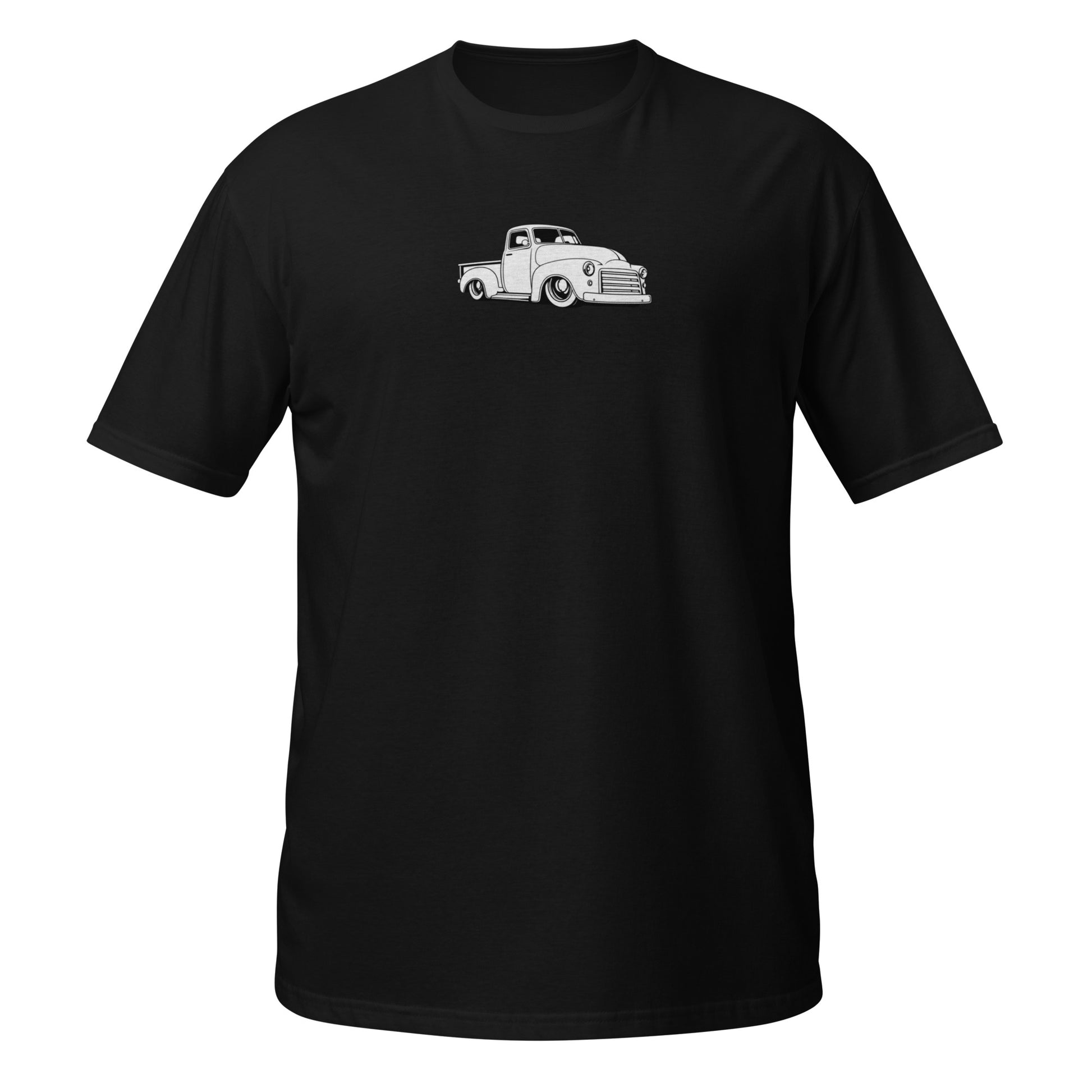 1950 Chevy Advance Design truck Profile Collection t-shirt — clean white line drawing of slammed AD truck on black — Profile Collection by Rod Shop Collective
