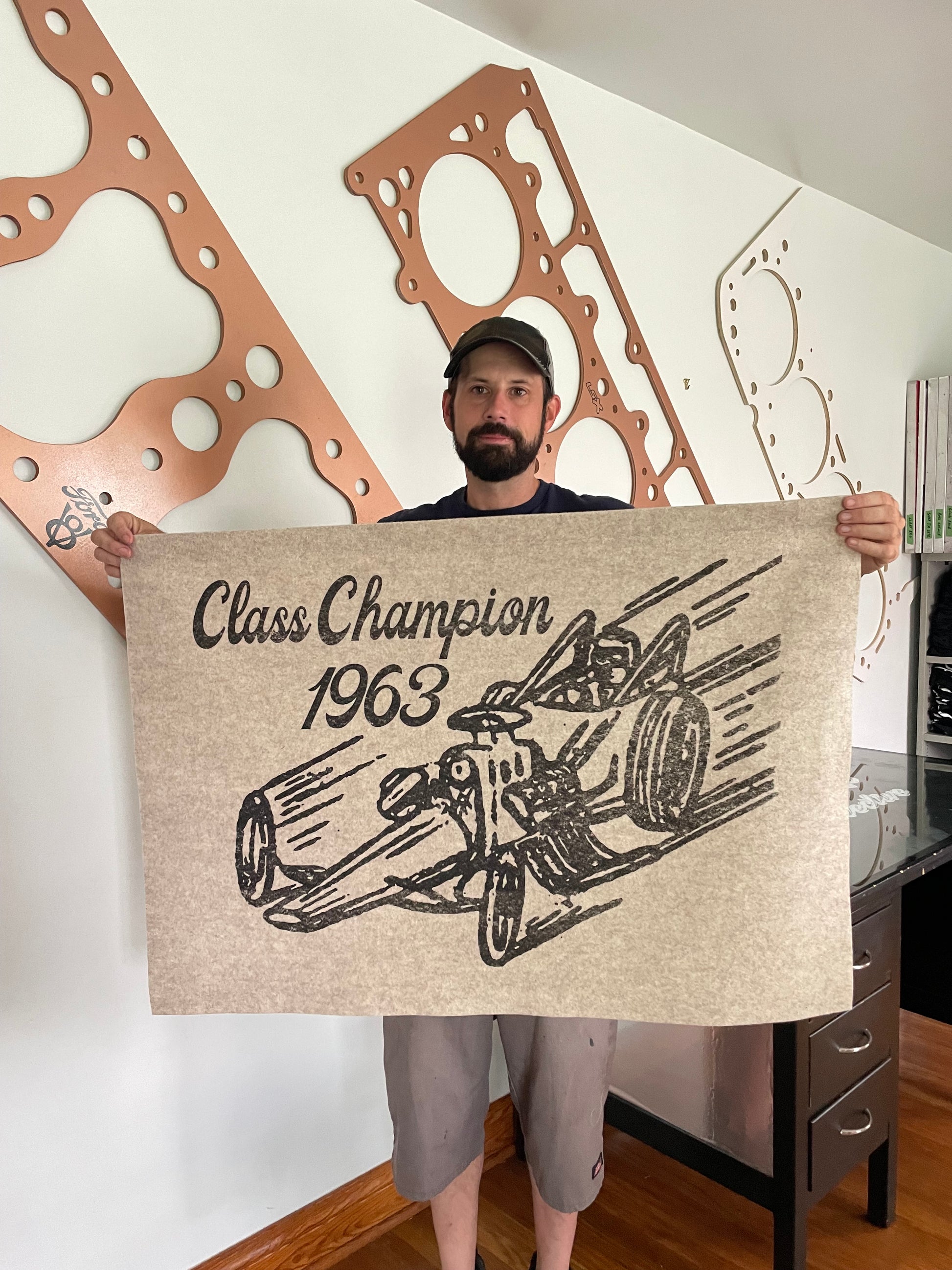 1963 Class Champion NHRA front engine dragster vintage felt banner — hand screen printed racing wall art — Hand Built collection by Rod Shop Collective — Louisville, Kentucky