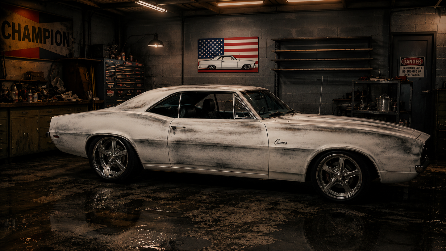 1967 Chevy II Nova American Flag Series vinyl garage banner hanging on the wall of a garage man cave showing the full-color American flag design with black-and-white Chevy Nova side profile illustration as garage wall decor
