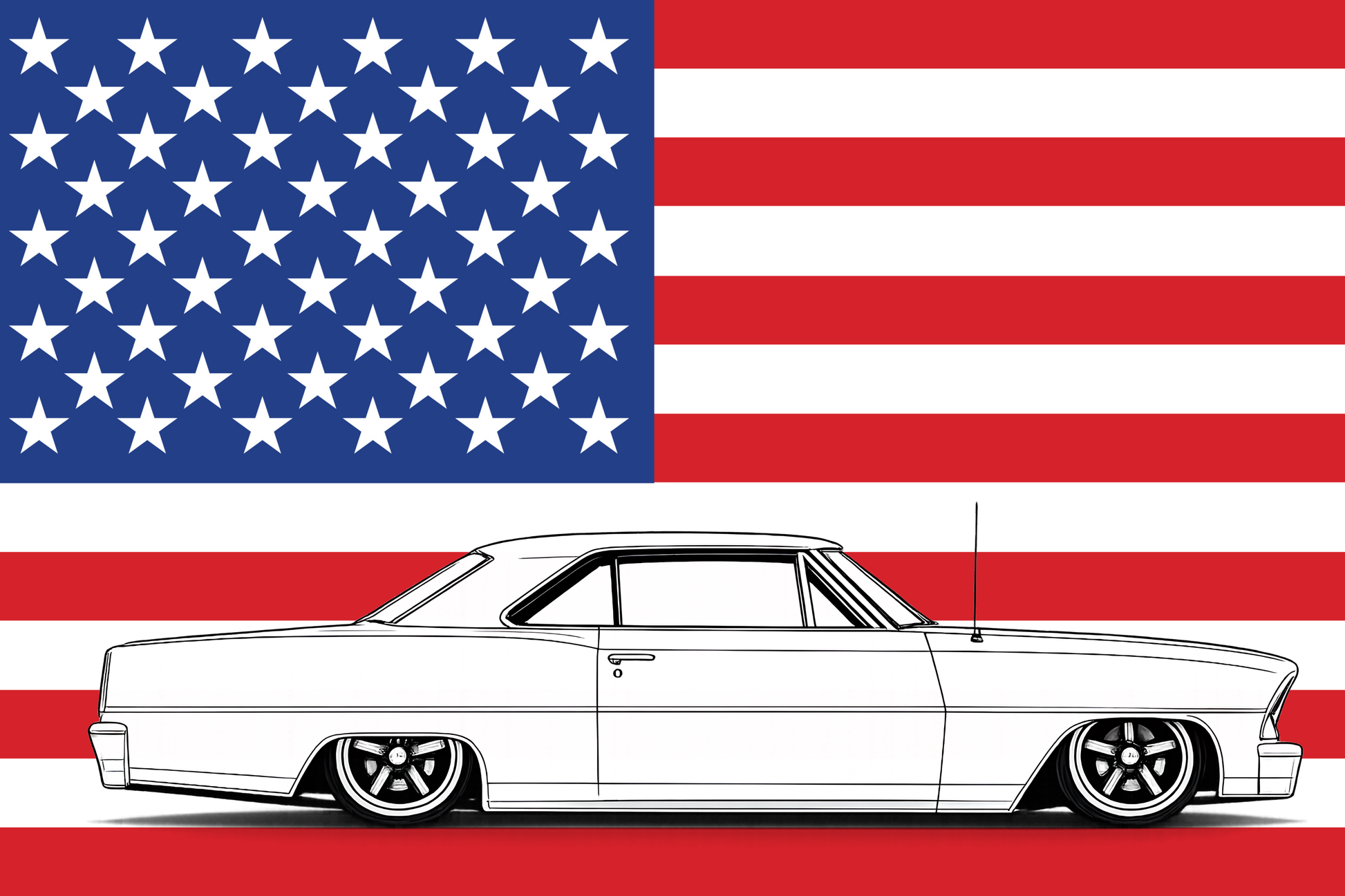 1967 Chevy II Nova American Flag Series vinyl garage banner featuring a bold black-and-white side profile illustration of a slammed 1967 Chevrolet Nova on a full-color American flag backdrop with red white and blue stars and stripes.