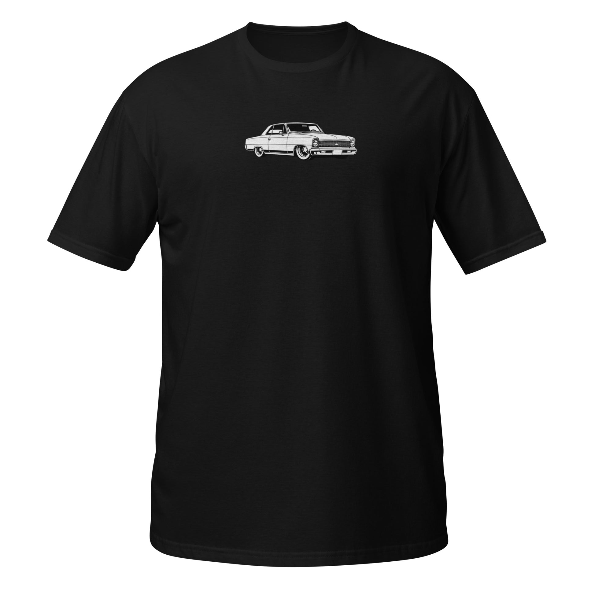 1967 Chevy Nova pro-touring Profile Collection t-shirt — clean white line drawing of slammed first gen Nova on black — Profile Collection by Rod Shop Collective