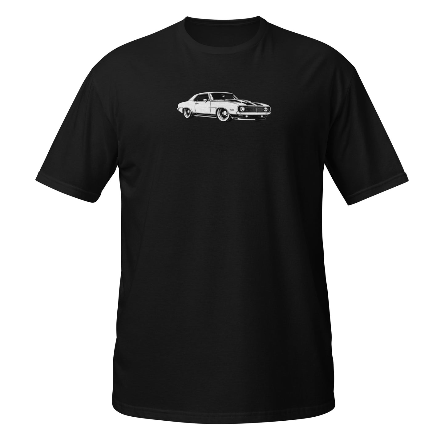 1969 Camaro pro-touring Profile Collection t-shirt — clean white line drawing of slammed first gen Camaro on black — Profile Collection by Rod Shop Collective