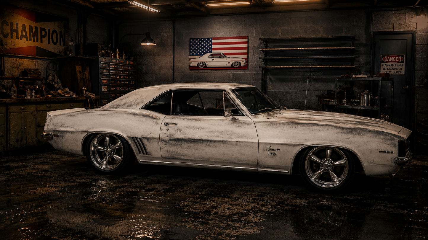 1969 Chevrolet Camaro American Flag Series vinyl garage banner hanging on the wall of a garage man cave showing the full-color American flag design with black-and-white Chevy Camaro side profile illustration as garage wall decor
