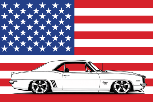 1969 Chevrolet Camaro American Flag Series vinyl garage banner featuring a bold black-and-white side profile illustration of a slammed 1969 Chevrolet Camaro on a full-color American flag backdrop with red white and blue stars and stripes