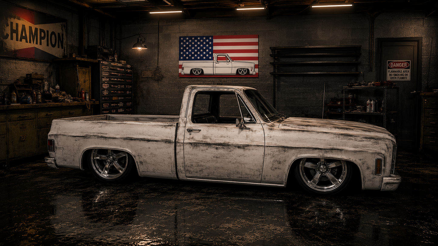 1970 Chevy C10 American Flag Series vinyl garage banner hanging on the wall of a garage man cave showing the full-color American flag design with black-and-white Chevy C10 side profile illustration as garage wall decor