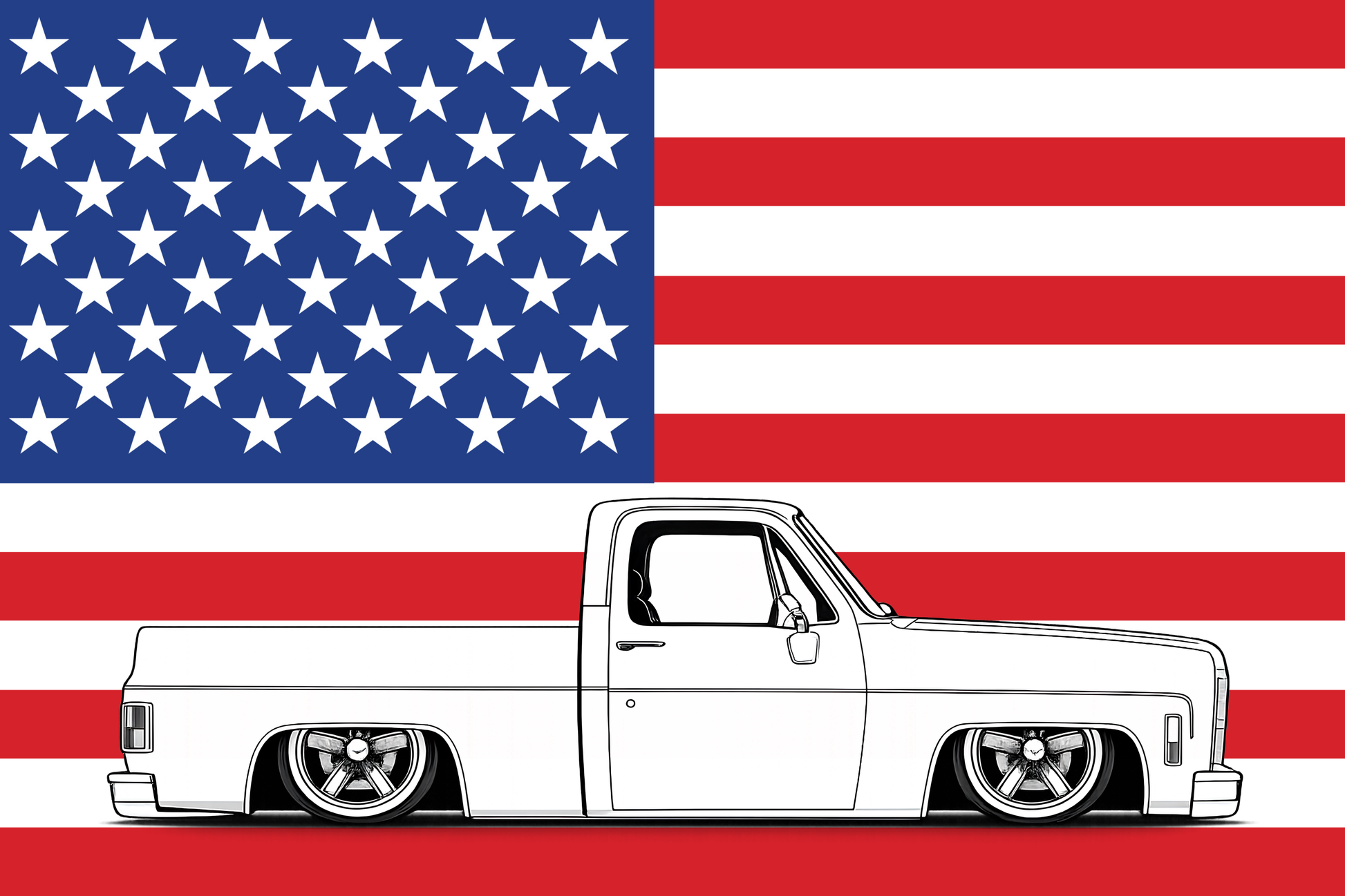1970 Chevy C10 American Flag Series vinyl garage banner featuring a bold black-and-white side profile illustration of a slammed 1970 Chevrolet C10 on a full-color American flag backdrop with red white and blue stars and stripes