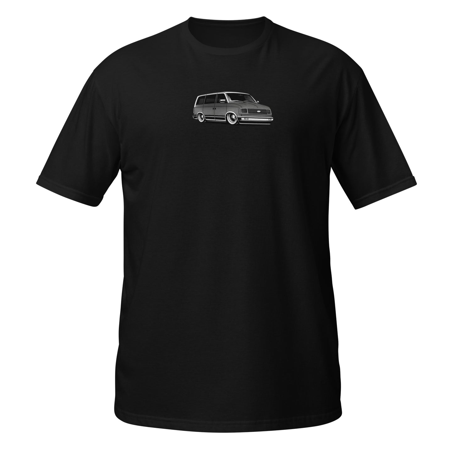1987 Chevy Astro Van Profile Collection t-shirt — clean white line drawing of slammed Astro Van on black — Profile Collection by Rod Shop Collective