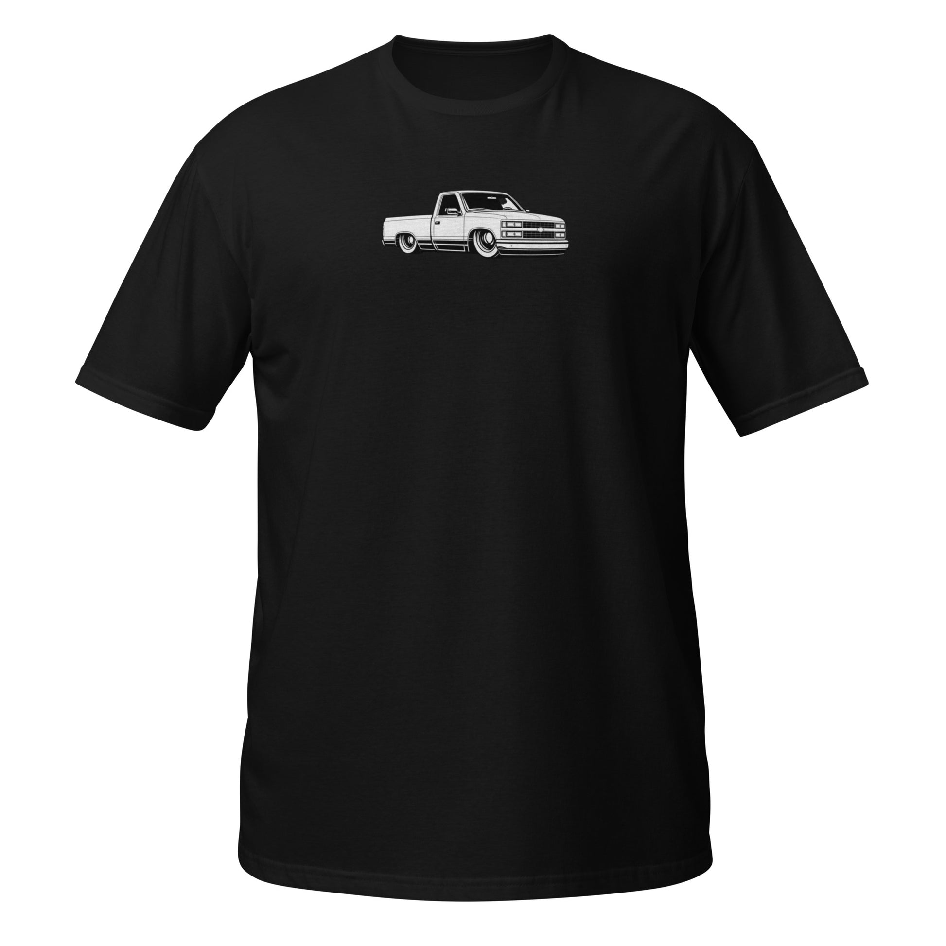 1990 Chevy C10 OBS short bed Profile Collection t-shirt — clean white line drawing of slammed OBS truck on black — Profile Collection by Rod Shop Collective