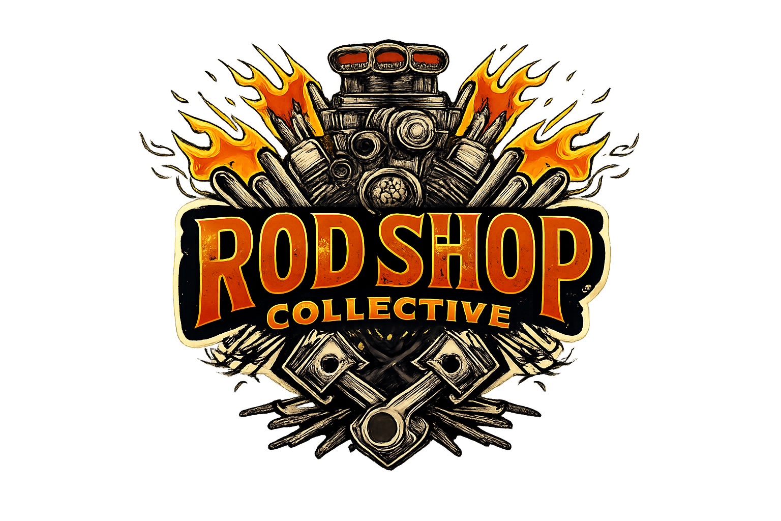 Rod Shop Collective logo featuring a vintage hot rod engine with flames and crossed pistons, hand screen printed apparel brand from Louisville, Kentucky