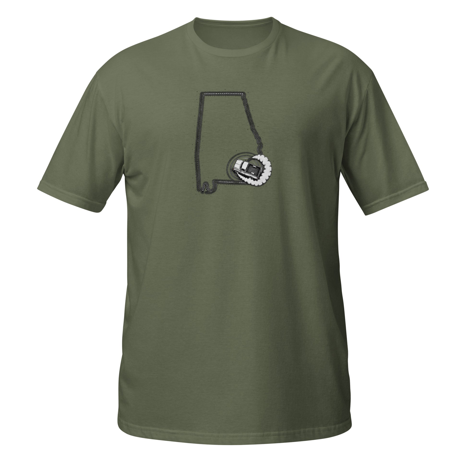 Alabama State of Burnout t-shirt — Chevy C10 burnout in the shape of Alabama — premium black tee — State of Burnout collection by Rod Shop Collective