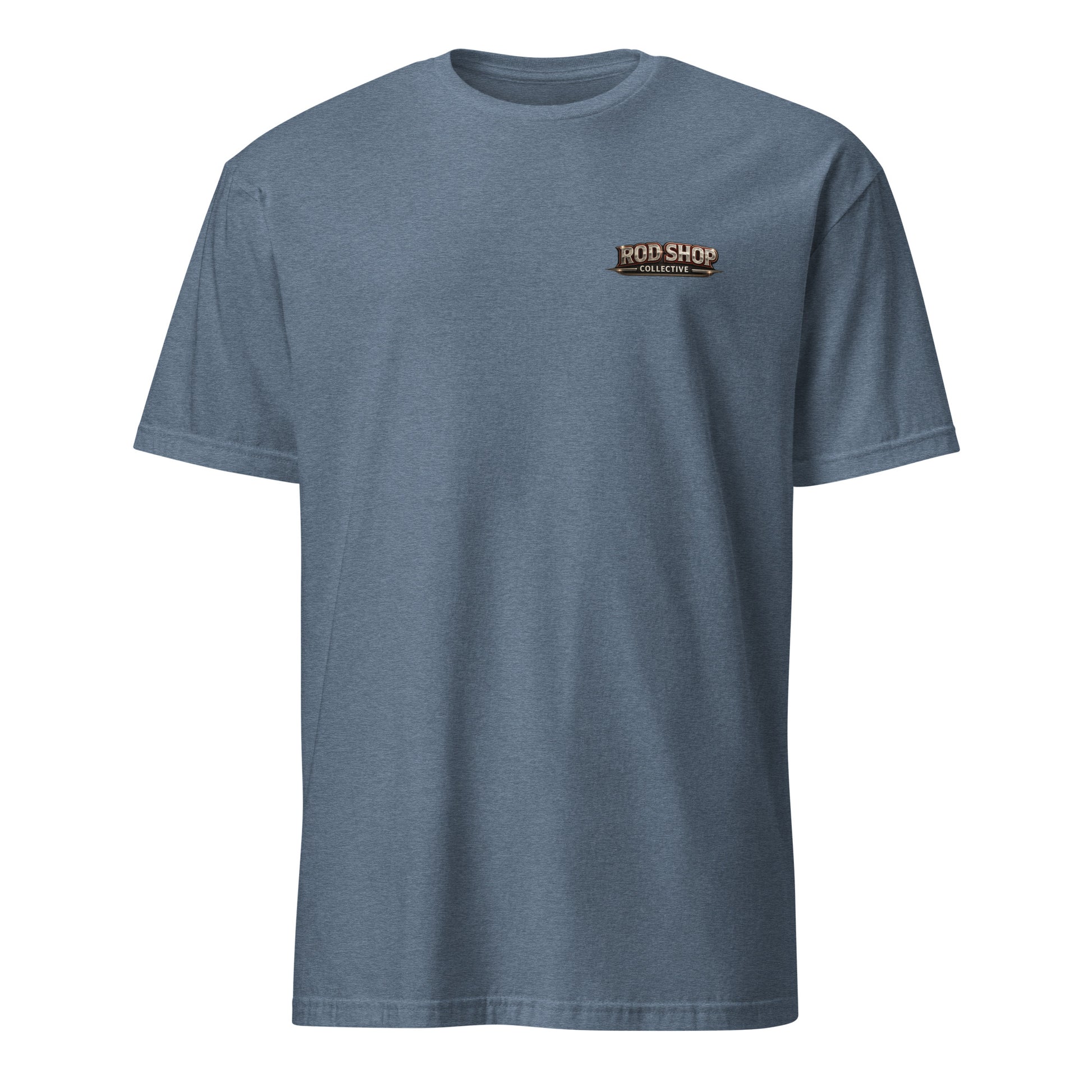 Eat Tacos Drive Trucks t-shirt featuring a slammed OBS Chevy short bed truck — funny taco and truck humor tee on indigo front pocket design — Rod Shop Collective — Louisville, Kentucky