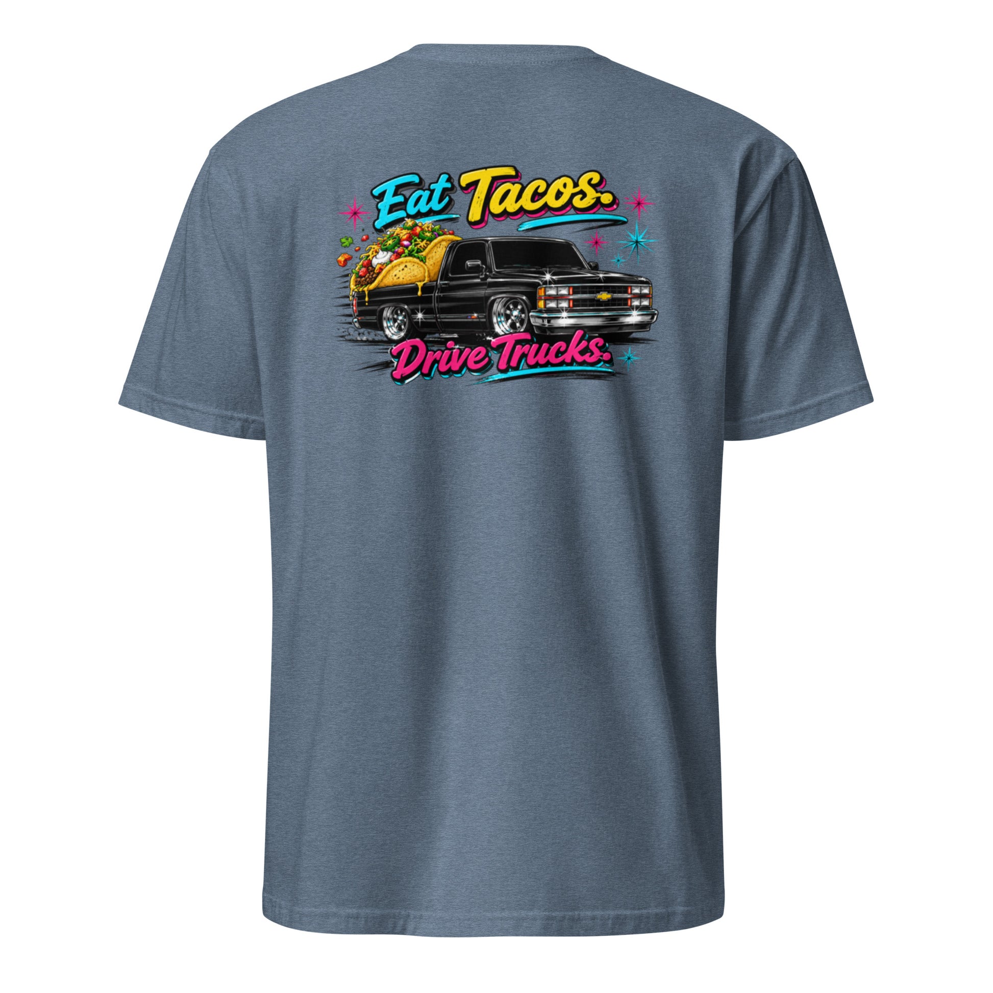 Eat Tacos Drive Trucks t-shirt featuring a slammed OBS Chevy short bed truck — funny taco and truck humor tee on indigo — Rod Shop Collective — Louisville, Kentucky