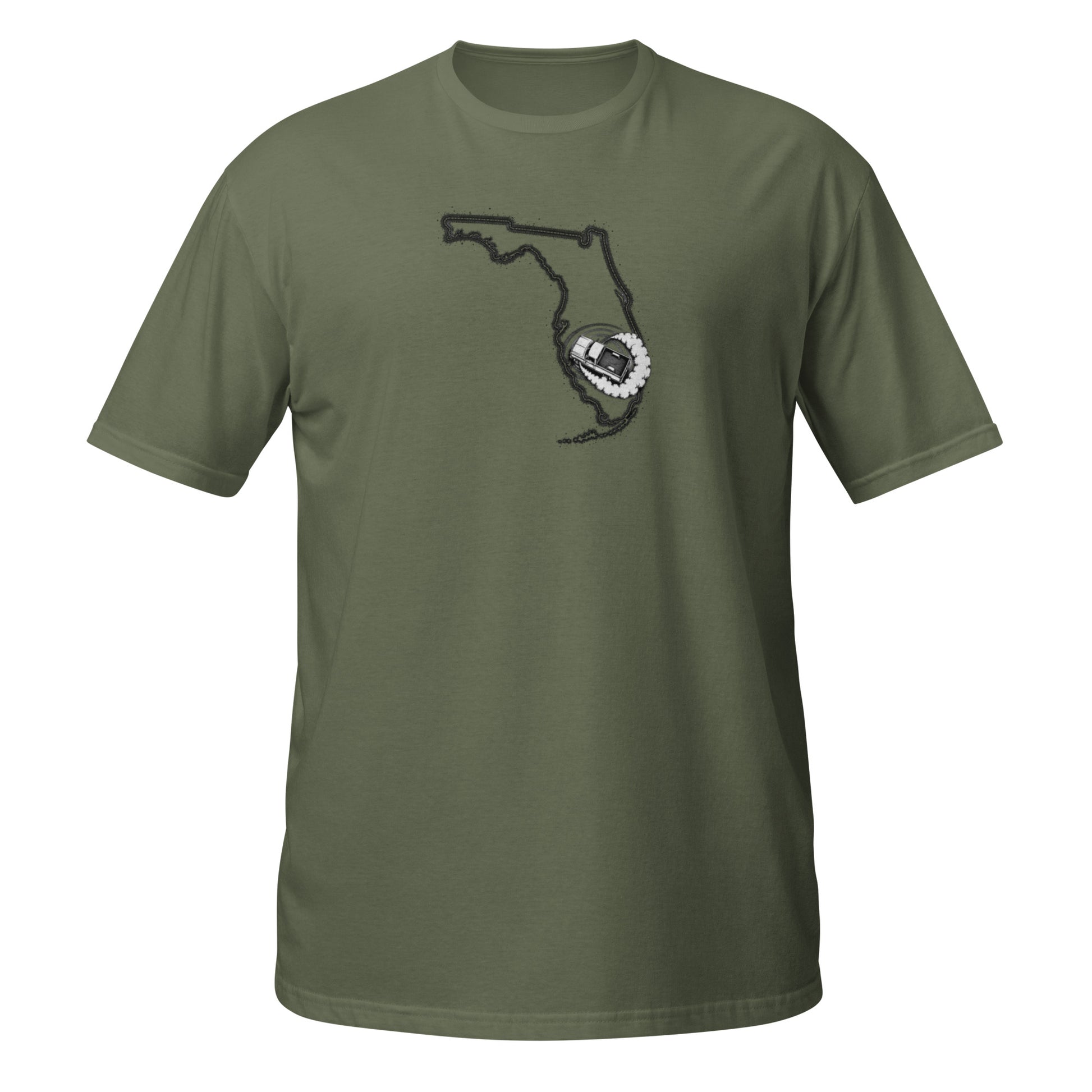 Florida State of Burnout t-shirt — Chevy C10 burnout in the shape of Florida — premium black tee — State of Burnout collection by Rod Shop Collective