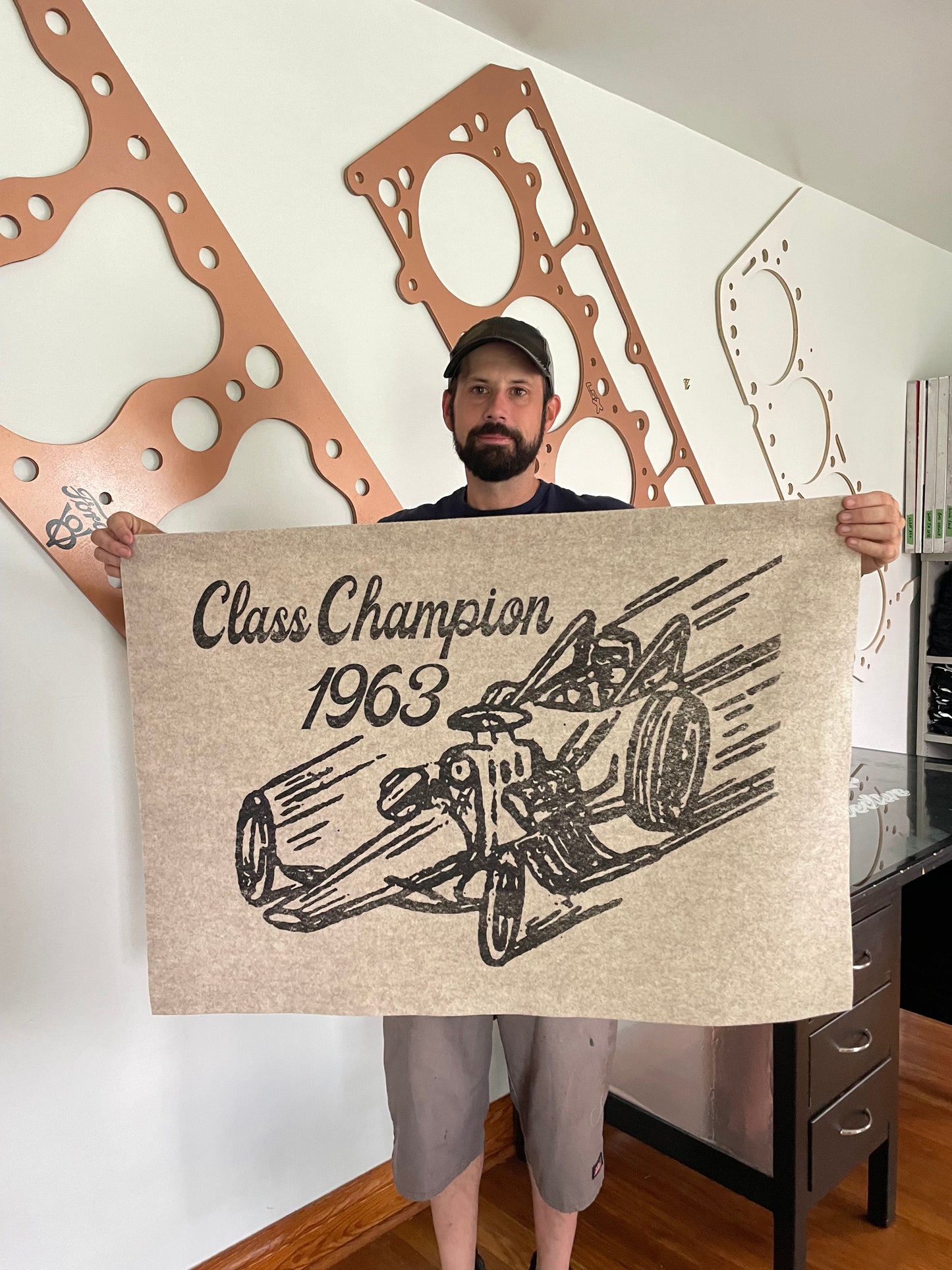 Front engine dragster vintage felt banner used as automotive garage wall decor