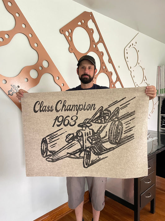Front engine dragster vintage felt banner used as automotive garage wall decor