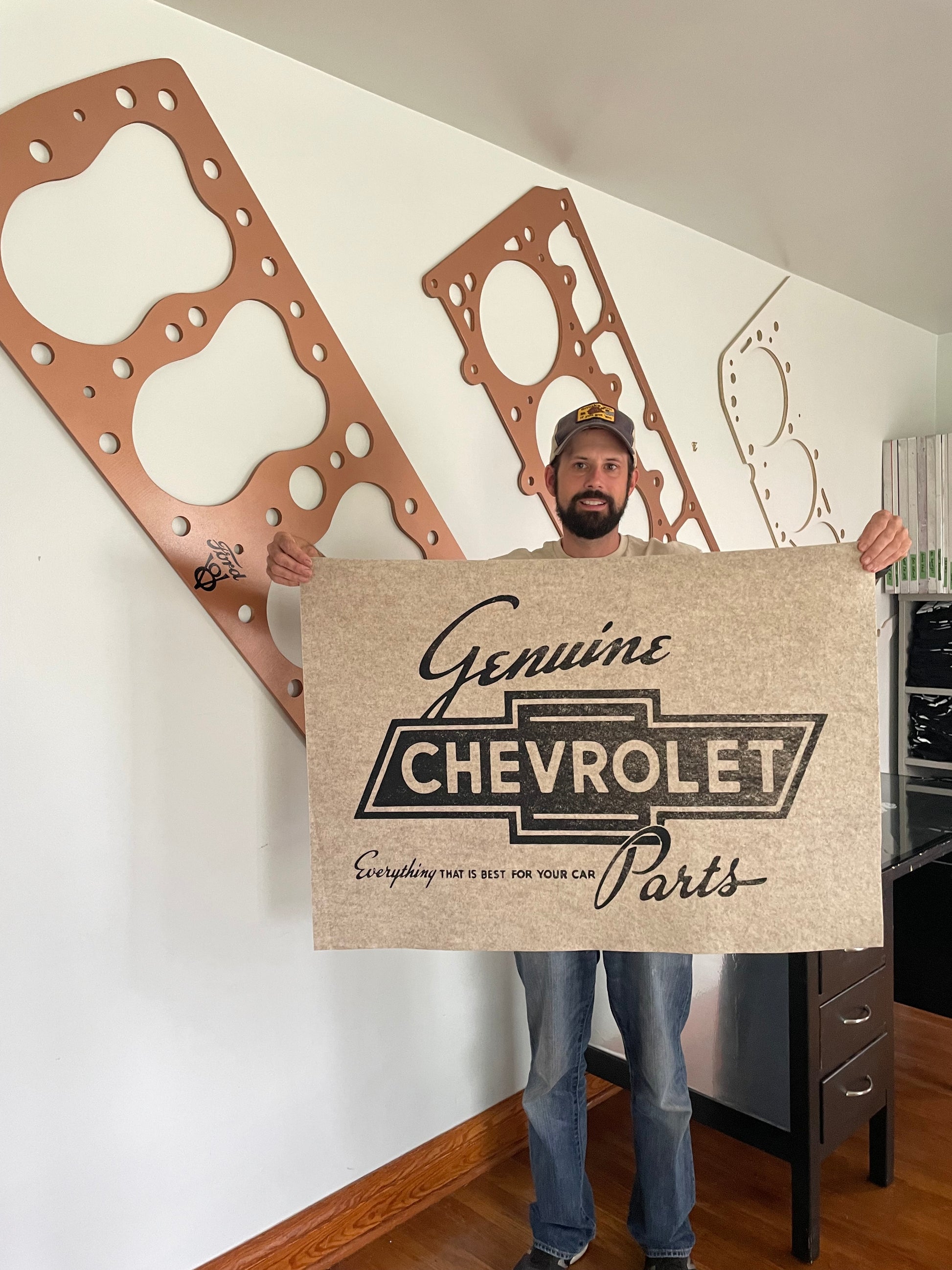 Genuine Chevrolet Parts vintage felt banner — hand screen printed garage wall art — Hand Built collection by Rod Shop Collective — Louisville, Kentucky
