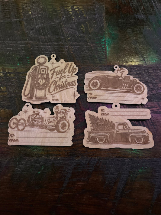 Set of 4 laser-engraved Baltic birch hot rod Christmas gift tags and ornaments