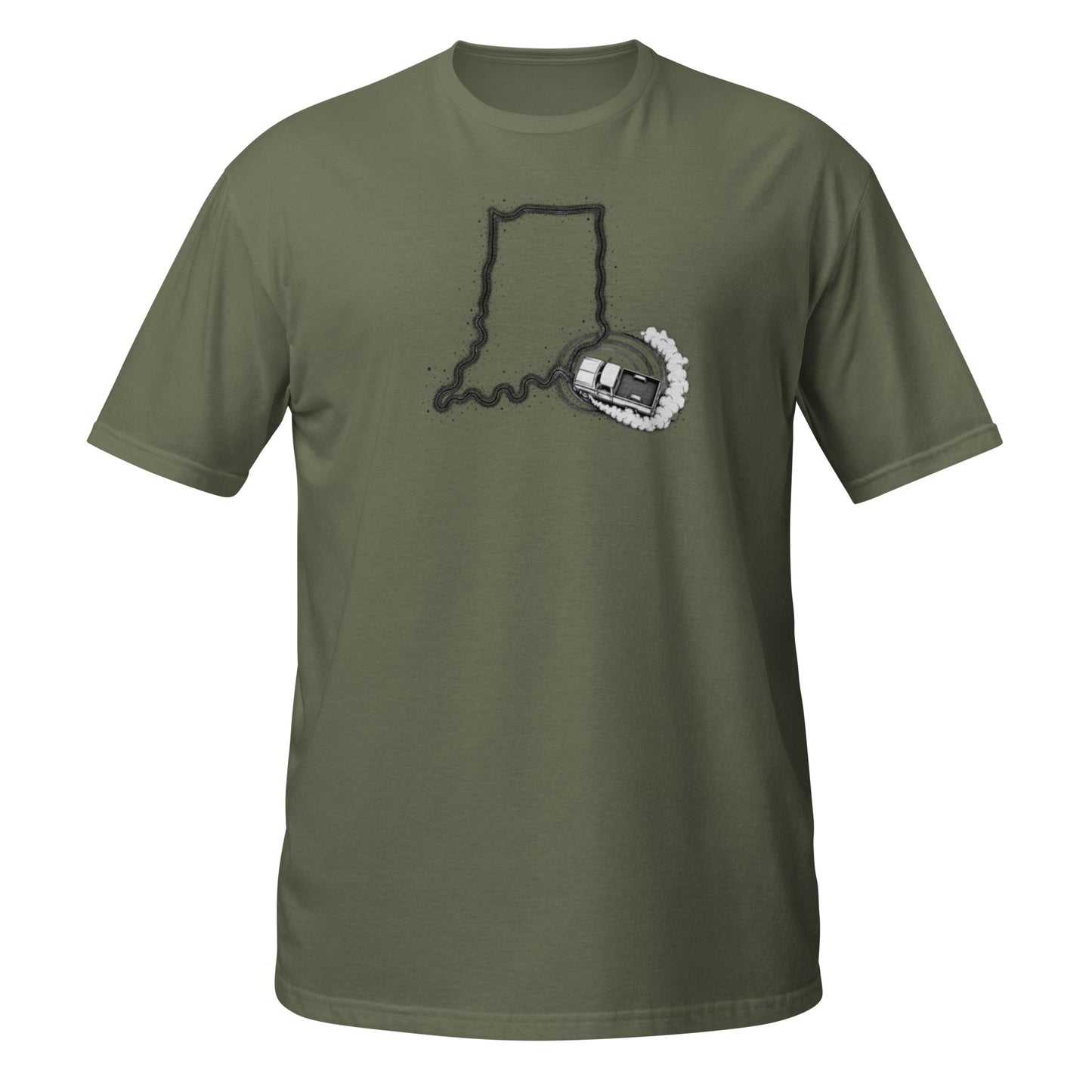 Indiana State of Burnout t-shirt — Chevy C10 burnout in the shape of Indiana — premium black tee — State of Burnout collection by Rod Shop Collective