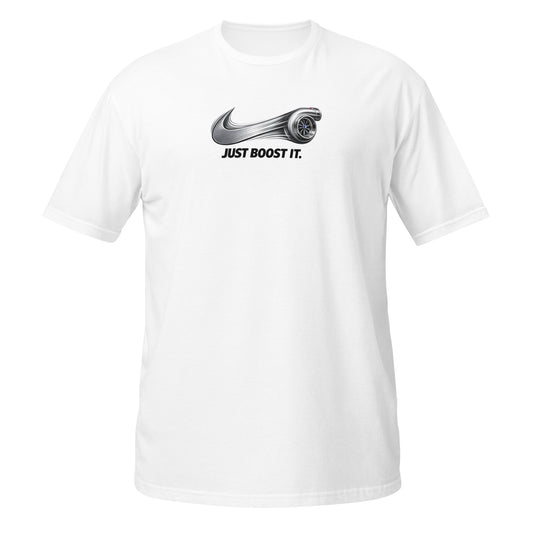 Just Boost It t-shirt — funny turbo and forced induction humor tee on black — Rod Shop Collective — Louisville, Kentucky