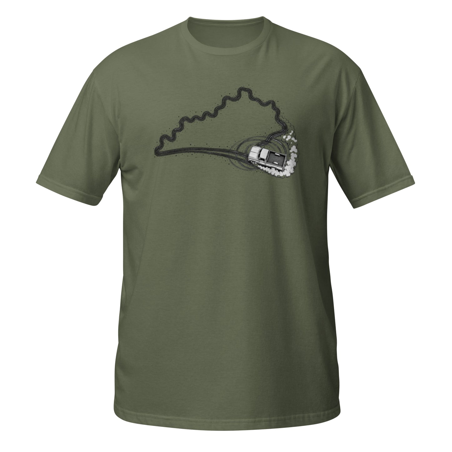 Kentucky State of Burnout t-shirt — Chevy C10 burnout in the shape of Kentucky — premium black tee — State of Burnout collection by Rod Shop Collective