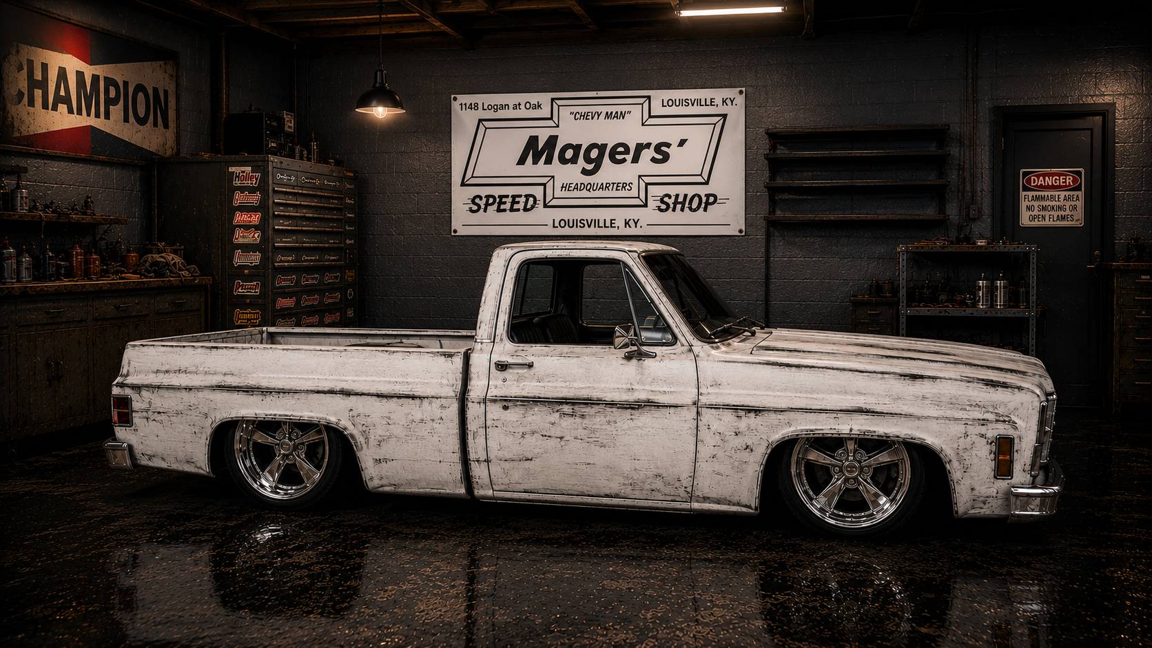 Mager's Speed Shop vinyl garage banner hanging on a shop wall — Garage Banner collection by Rod Shop Collective