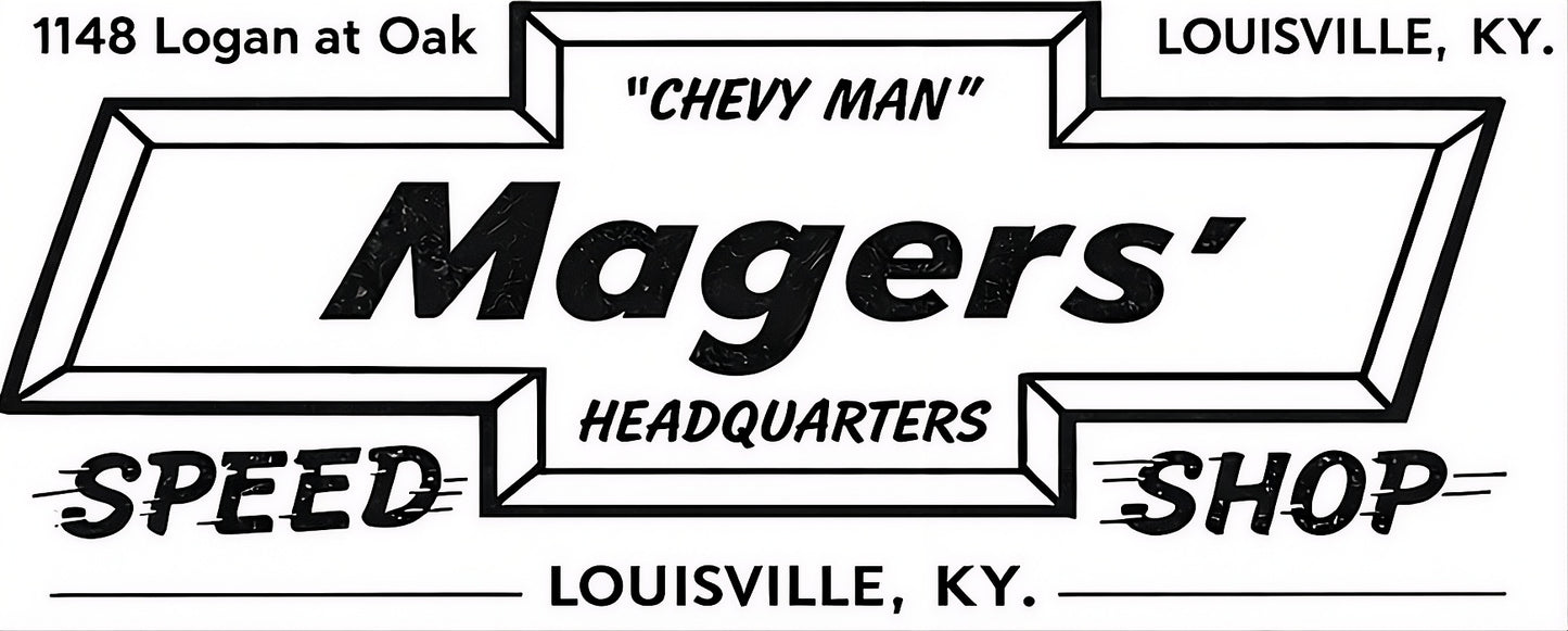 Mager's Speed Shop 2x3 vinyl garage banner — Chevy bowtie hot rod sign — Big Foot Harry Magers' Louisville, Kentucky speed shop — Garage Banner collection by Rod Shop Collective
