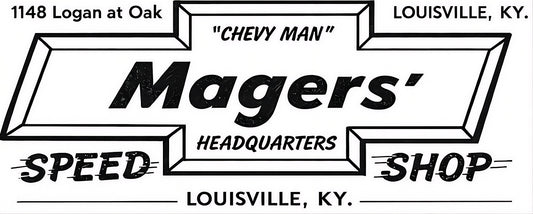 Mager's Speed Shop 2x3 vinyl garage banner — Chevy bowtie hot rod sign — Big Foot Harry Magers' Louisville, Kentucky speed shop — Garage Banner collection by Rod Shop Collective
