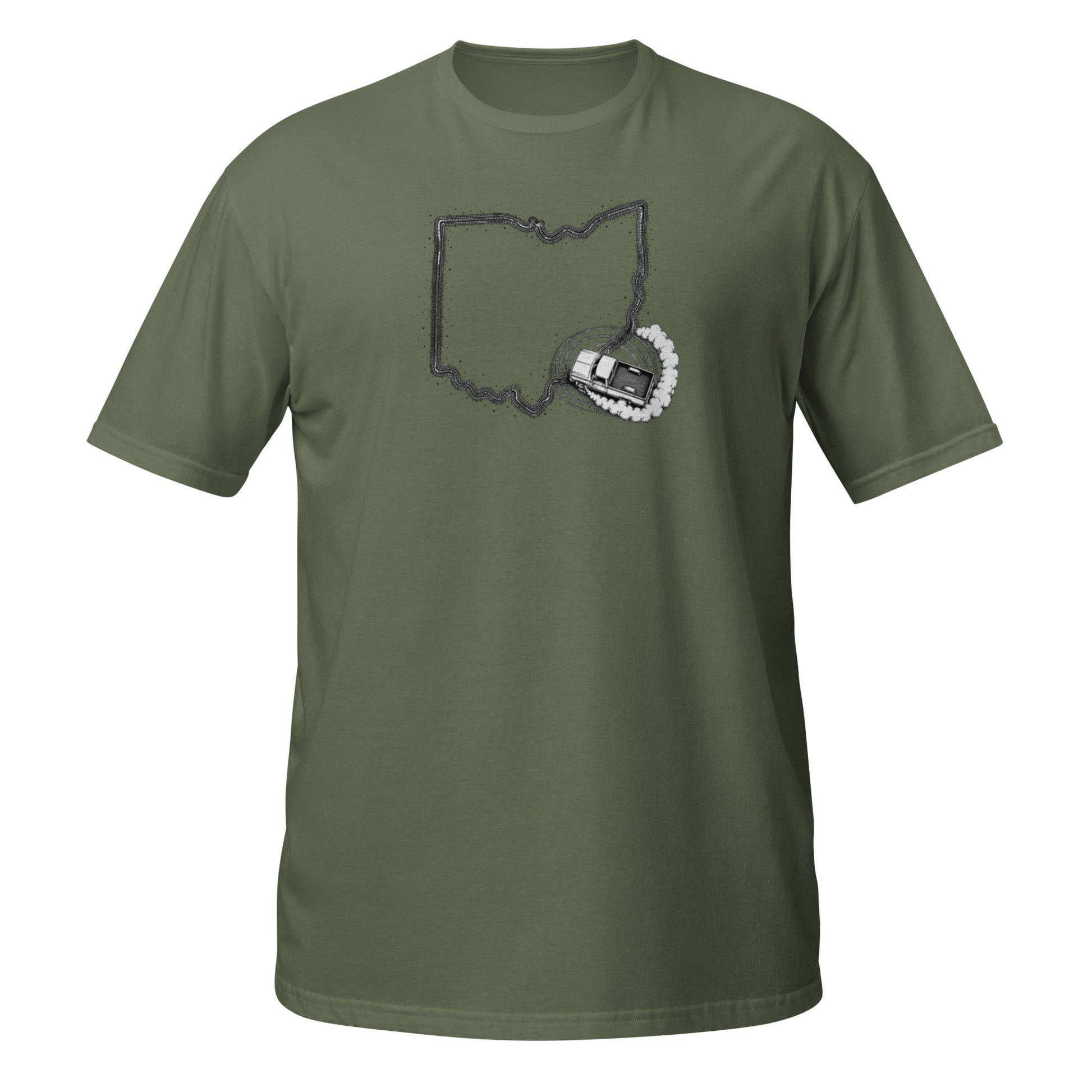 Ohio State of Burnout t-shirt — Chevy C10 burnout in the shape of Ohio — premium black tee — State of Burnout collection by Rod Shop Collective
