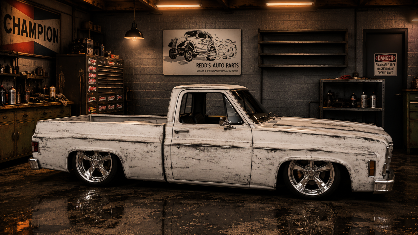 Redd's Auto Parts Anglia Gasser vinyl garage banner hanging on a shop wall — Garage Banner collection by Rod Shop Collective