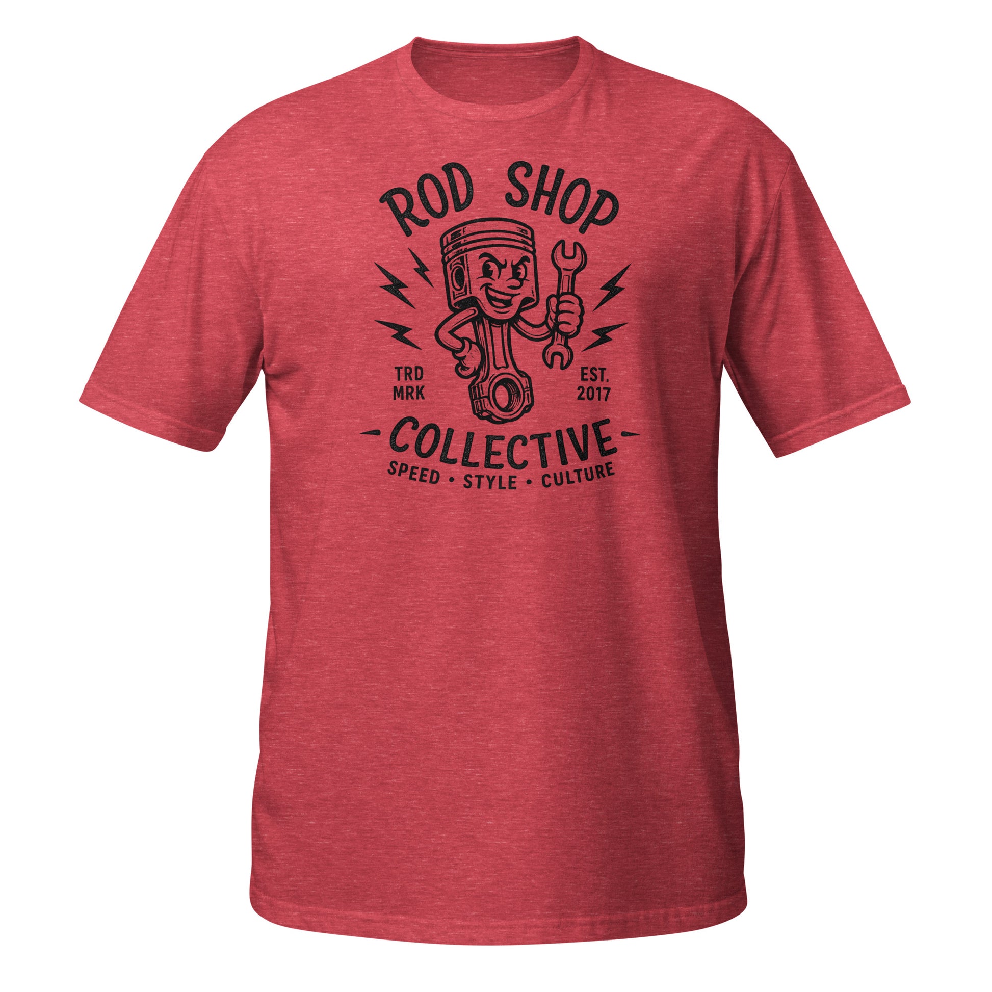 Rod Shop Collective piston mascot t-shirt — vintage 1950s speed shop badge design — black ink on heather red — The Trademark Collection by Rod Shop Collective — Louisville, Kentucky