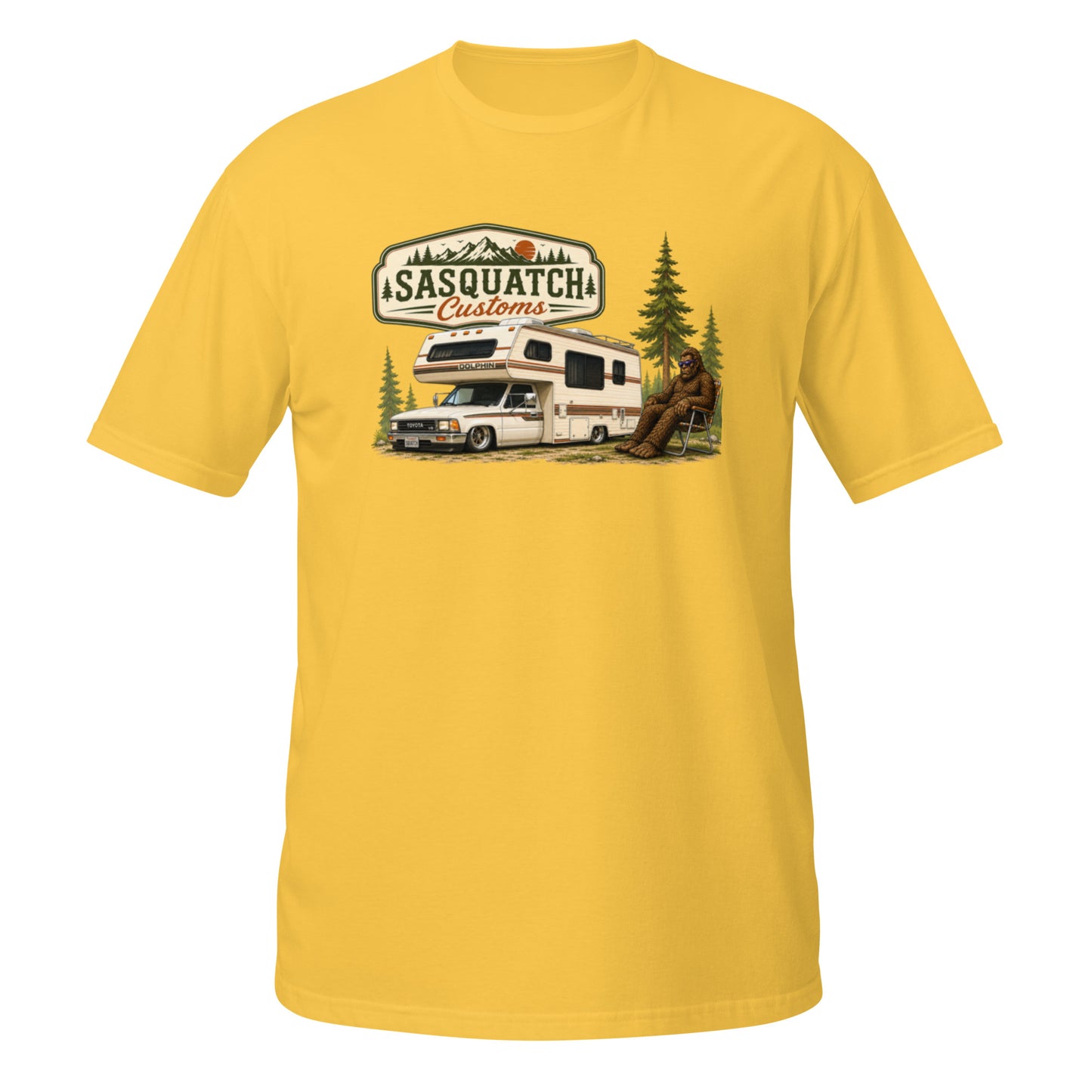 Sasquatch Customs Camping Series t-shirt — Bigfoot sitting in a vintage lawn chair next to a 1989 Toyota mini truck camper in a pine forest — funny Sasquatch camping tee on daisy — Rod Shop Collective
