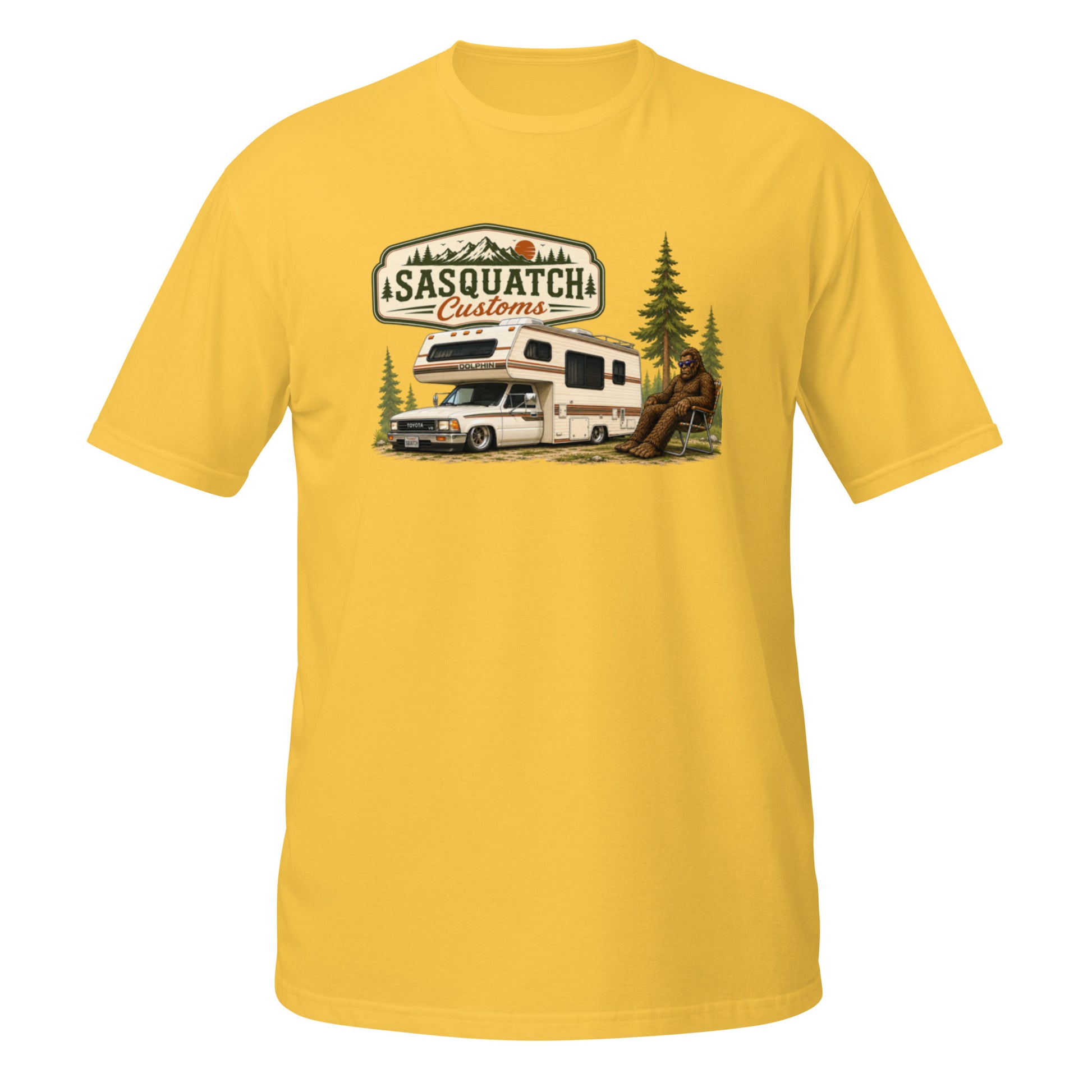 Sasquatch Customs Camping Series t-shirt — Bigfoot sitting in a vintage lawn chair next to a 1989 Toyota mini truck camper in a pine forest — funny Sasquatch camping tee on daisy — Rod Shop Collective