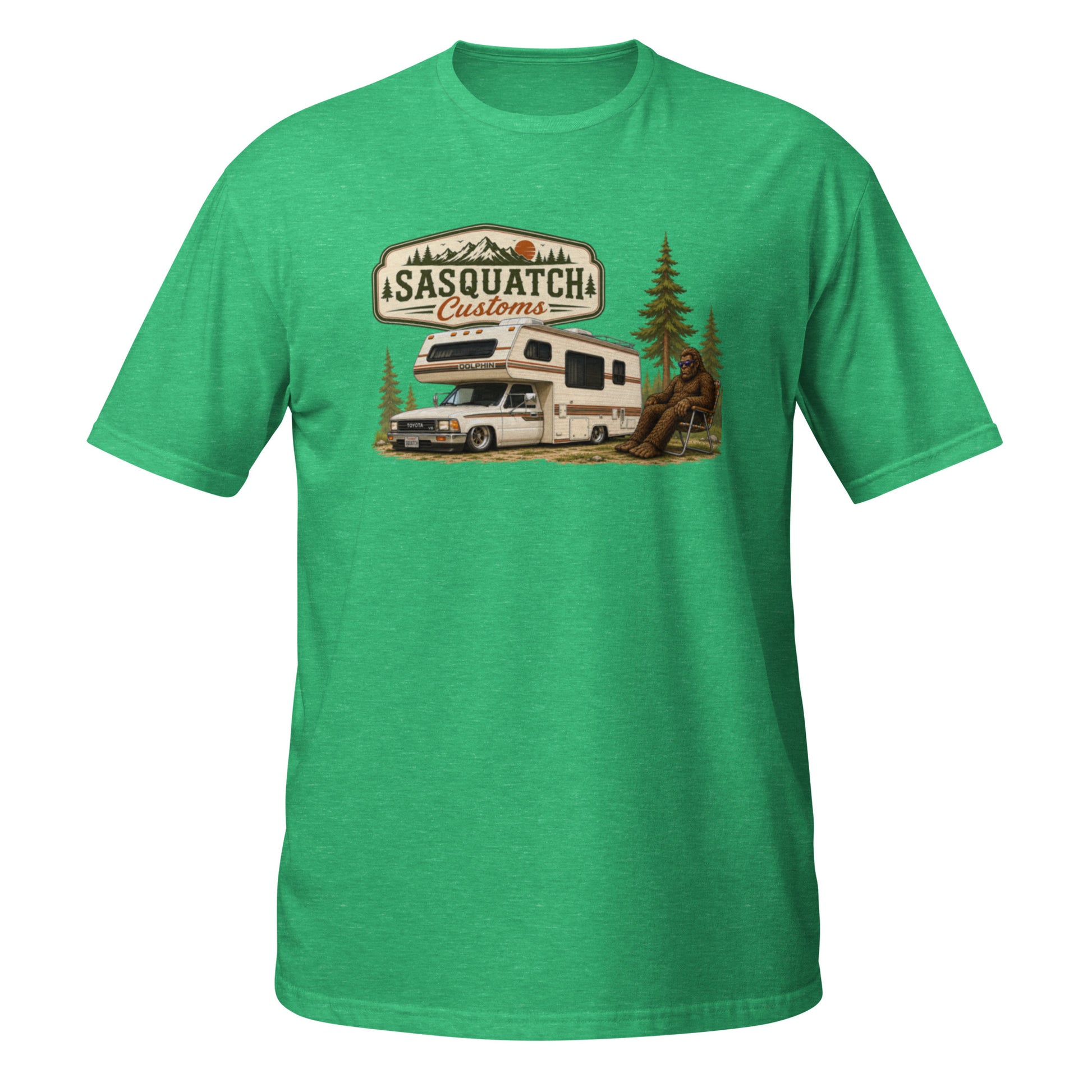 Sasquatch Customs Camping Series t-shirt — Bigfoot sitting in a vintage lawn chair next to a 1989 Toyota mini truck camper in a pine forest — funny Sasquatch camping tee on green — Rod Shop Collective