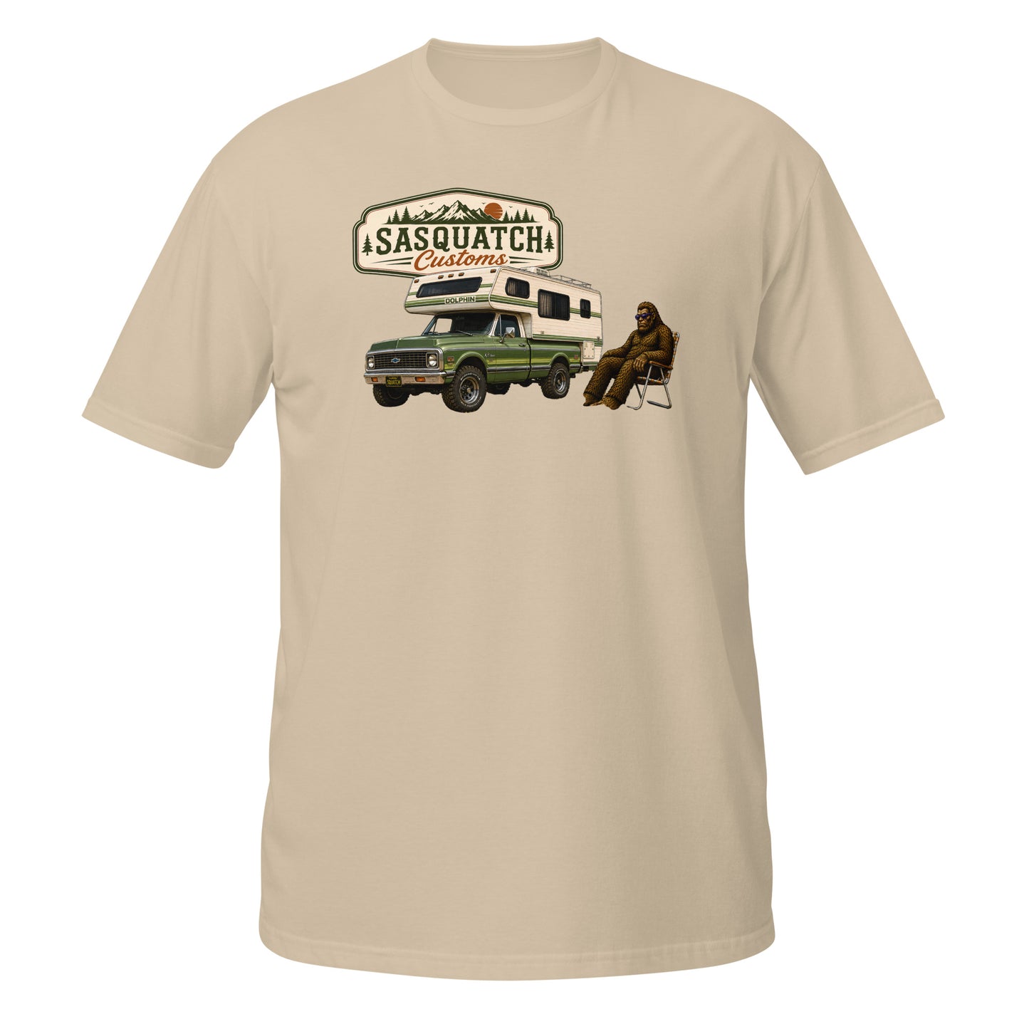 Sasquatch Customs Camping Series Chevy K5 Blazer t-shirt back — funny Bigfoot lifted 4x4 overlanding camping humor graphic on sand — Rod Shop Collective