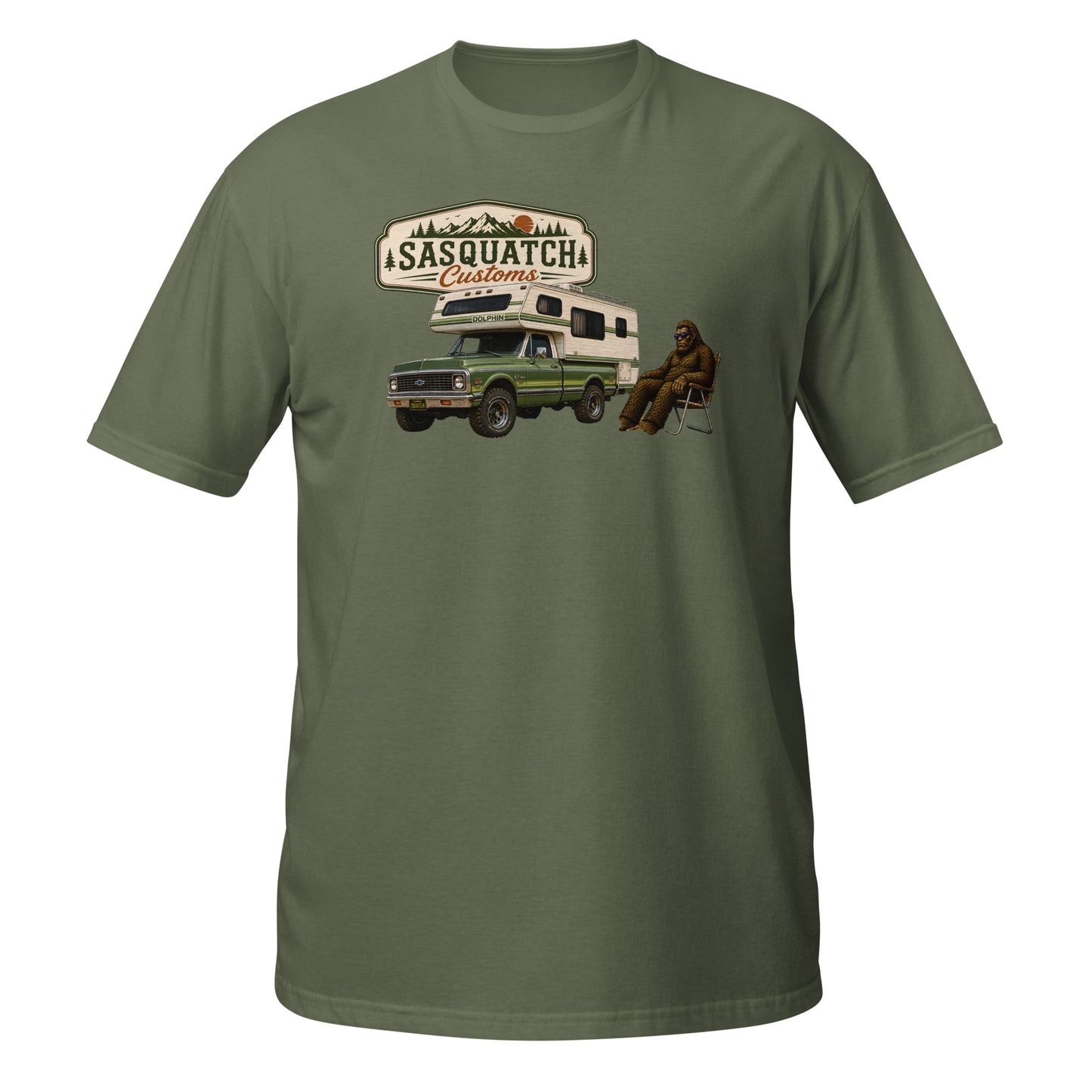 Sasquatch Customs Camping Series Chevy K5 Blazer t-shirt back — funny Bigfoot lifted 4x4 overlanding camping humor graphic on military green — Rod Shop Collective
