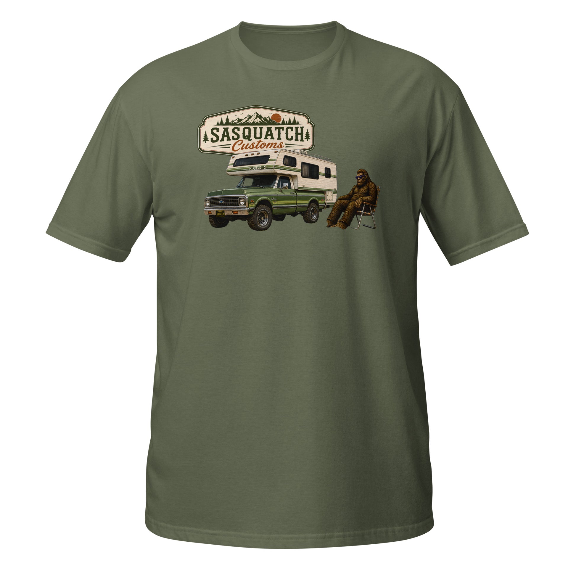 Sasquatch Customs Camping Series Chevy K5 Blazer t-shirt back — funny Bigfoot lifted 4x4 overlanding camping humor graphic on military green — Rod Shop Collective