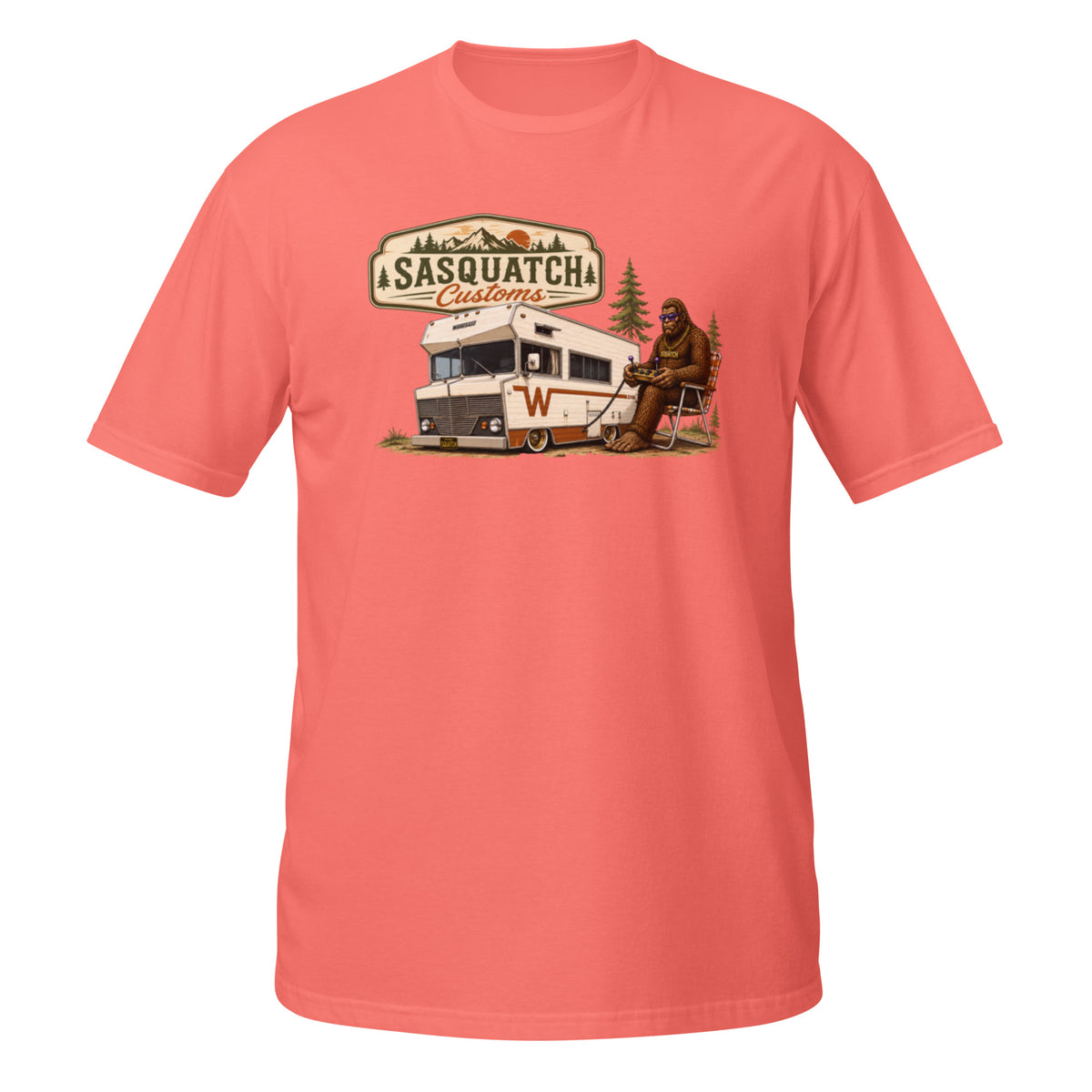 Sasquatch Customs Camping Series t-shirt — Bigfoot sitting in a vintage lawn chair next to a slammed vintage Winnebago in a pine forest — funny Sasquatch kustom camping tee on coral — Rod Shop Collective