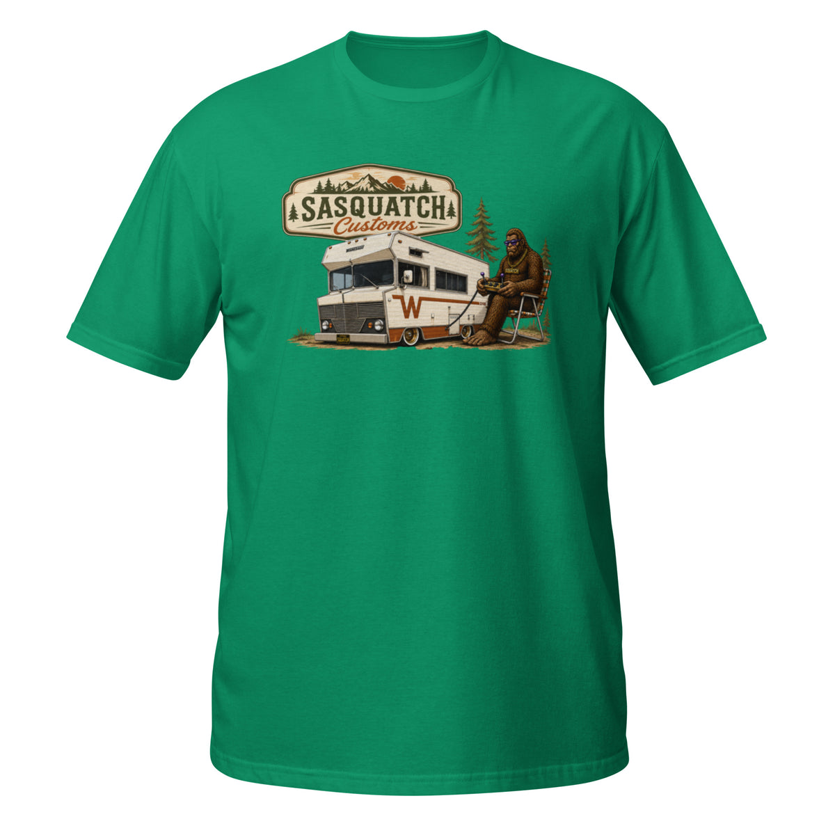 Sasquatch Customs Camping Series t-shirt — Bigfoot sitting in a vintage lawn chair next to a slammed vintage Winnebago in a pine forest — funny Sasquatch kustom camping tee on green — Rod Shop Collective