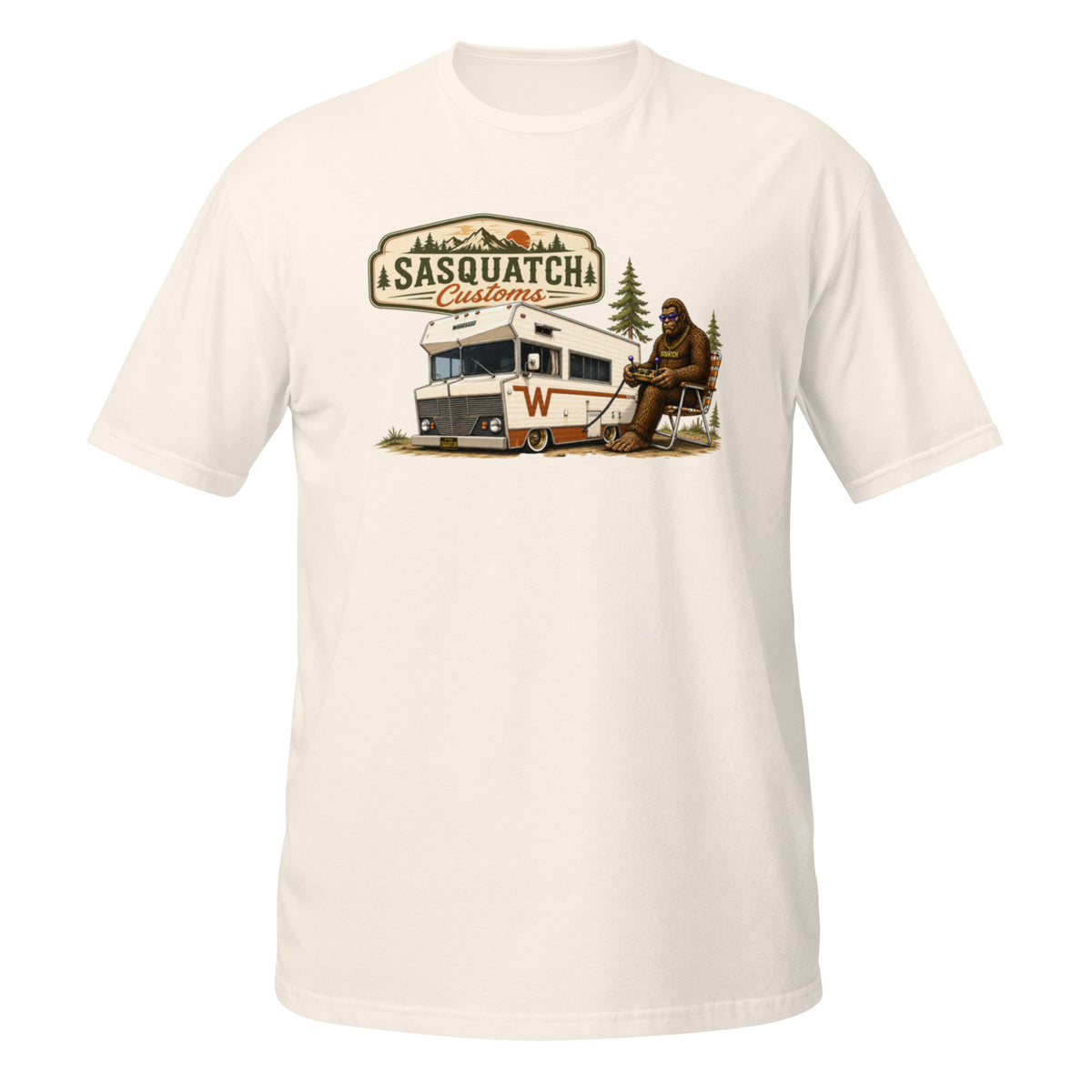 Sasquatch Customs Camping Series t-shirt — Bigfoot sitting in a vintage lawn chair next to a slammed vintage Winnebago in a pine forest — funny Sasquatch kustom camping tee on natural — Rod Shop Collective