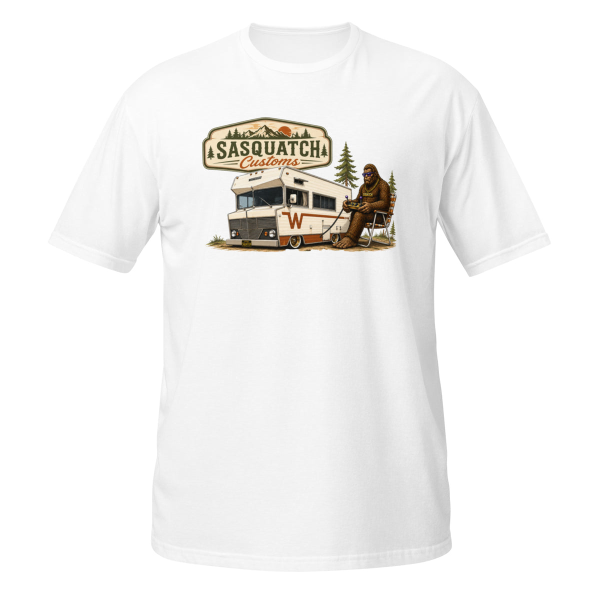 Sasquatch Customs Camping Series t-shirt — Bigfoot sitting in a vintage lawn chair next to a slammed vintage Winnebago in a pine forest — funny Sasquatch kustom camping tee on white — Rod Shop Collective