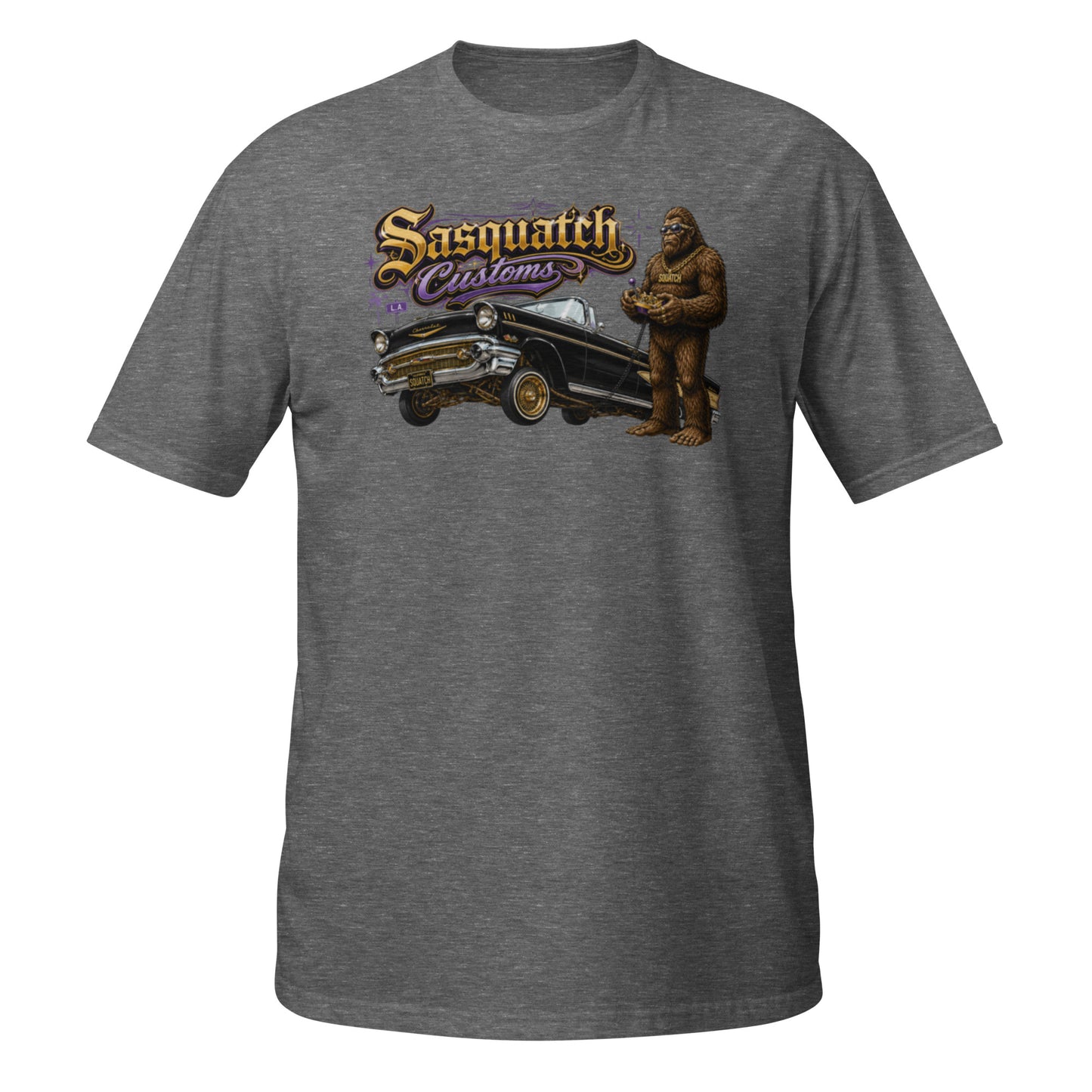Sasquatch Customs Lowrider Series 1957 Chevy Bel Air convertible t-shirt back — funny Bigfoot lowrider Bel Air humor graphic on graphite — Rod Shop Collective